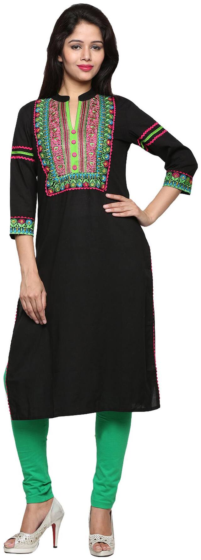 Green Embroidery Black Cotton Kurti