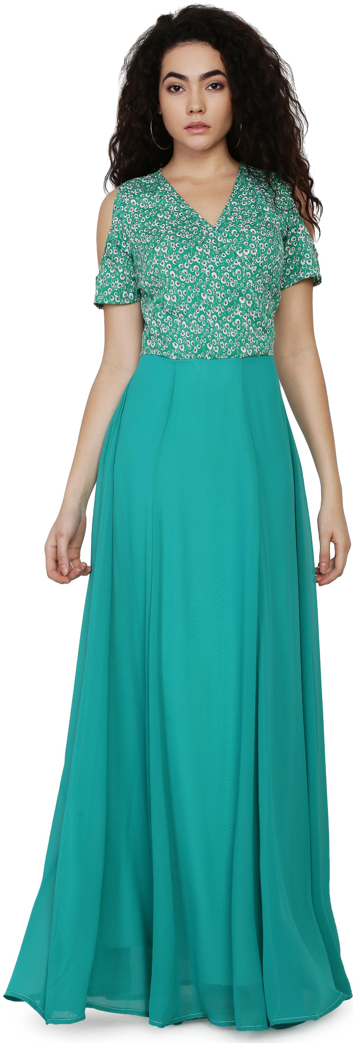 

GREEN GEORGETTE GREEN PRINTED OVERLAP COLD SHOULDER GOWN