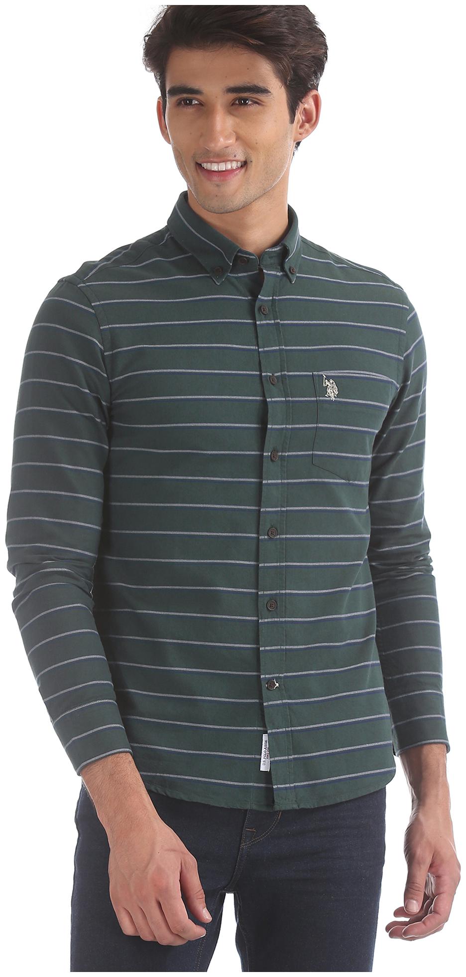 

U S Polo Assn Men Green Horizontal Stripes Regular Fit Casual Shirt