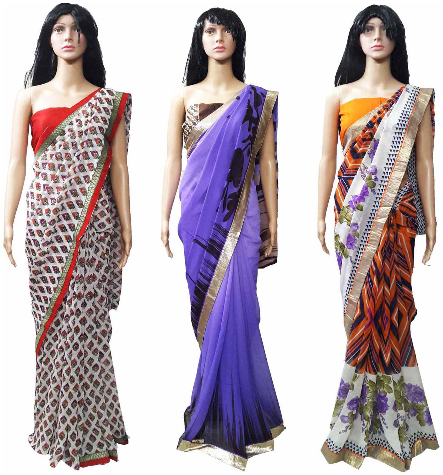 

GreenViji Womens Girls Beige Georgette Embroidered Saree With UnStiched Blouse Combo Set of 3