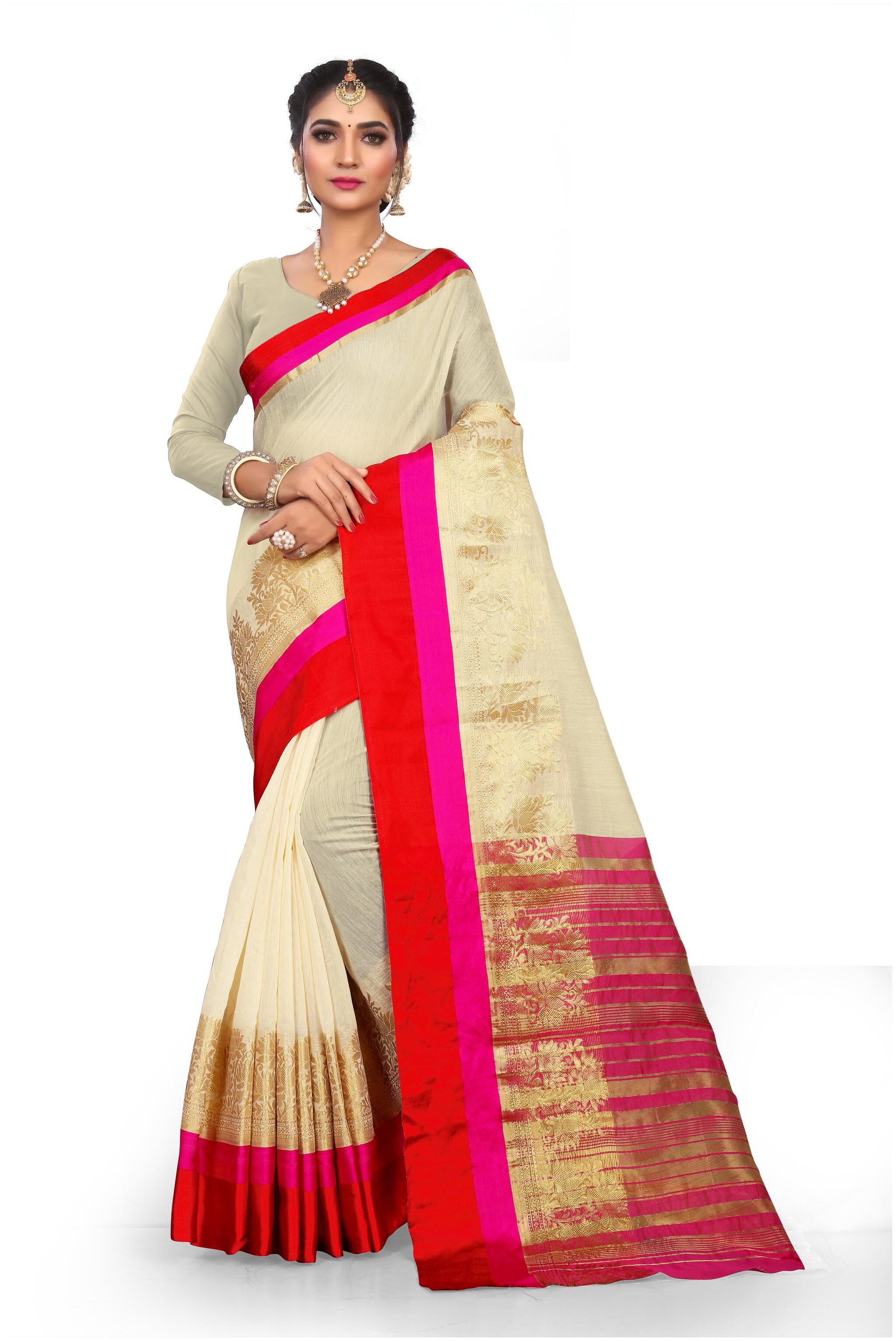 

Grubstaker Art Silk Saree With Blouse Piece Cream