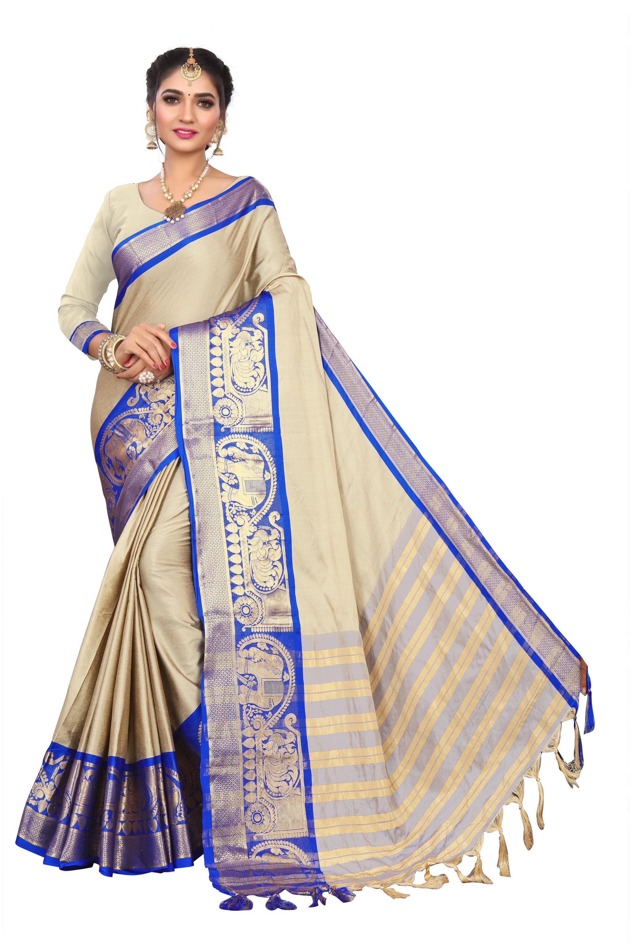

Grubstaker Art Silk Saree With Blouse And Jhalar Cream