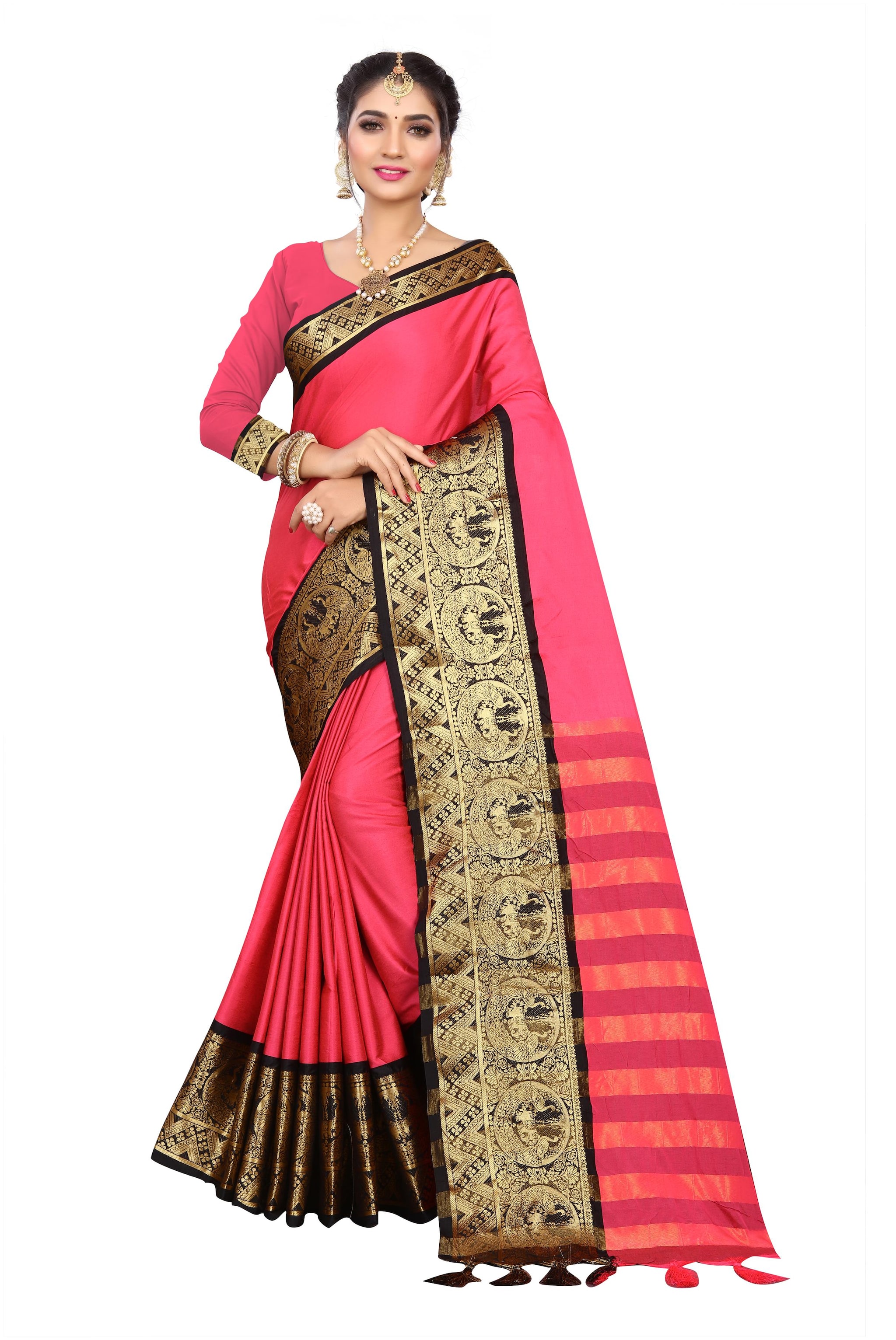 

Grubstaker Art Silk Saree With Blouse And Jhalar Pink
