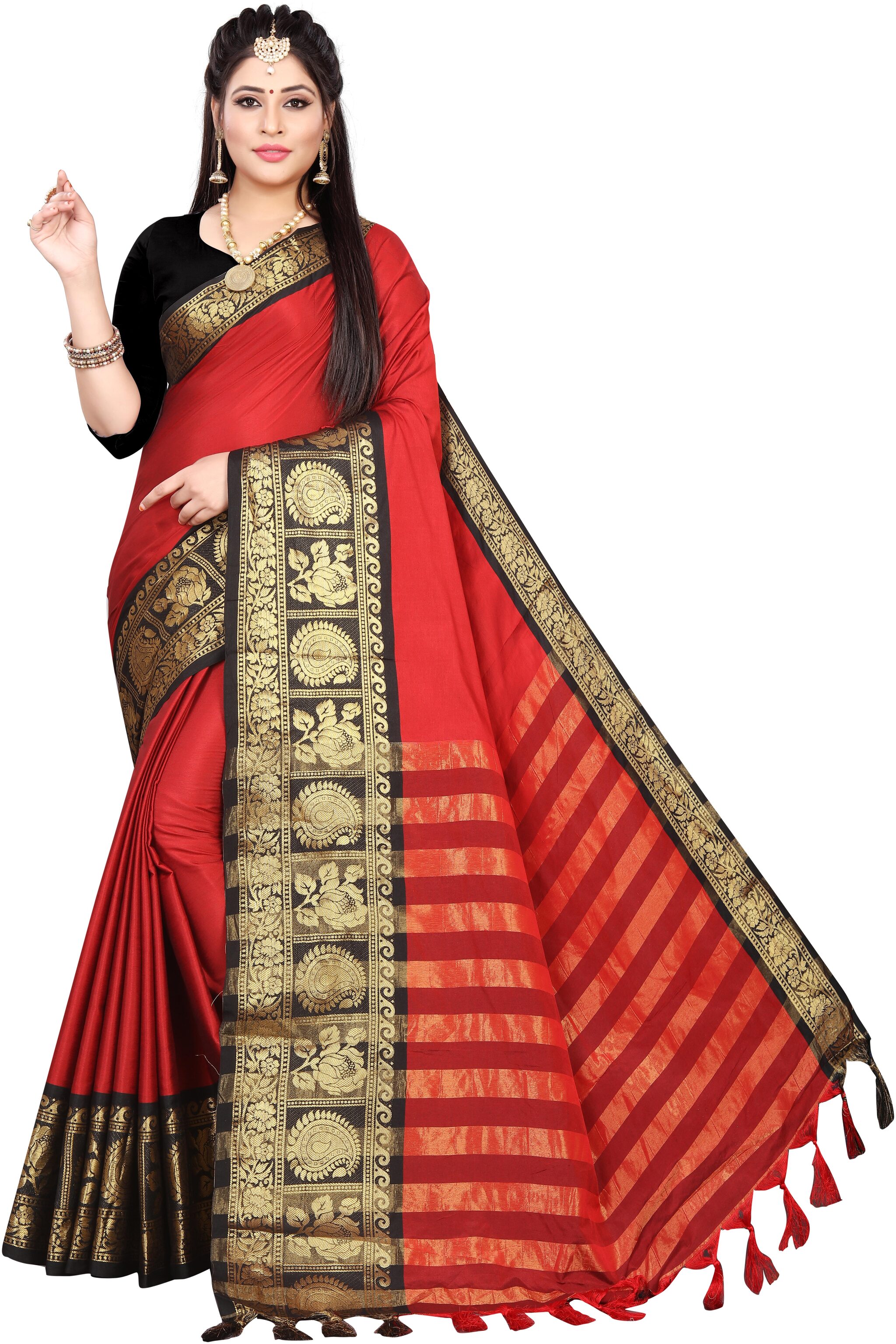 

Grubstaker Art Silk Saree With Blouse And Jhalar Red