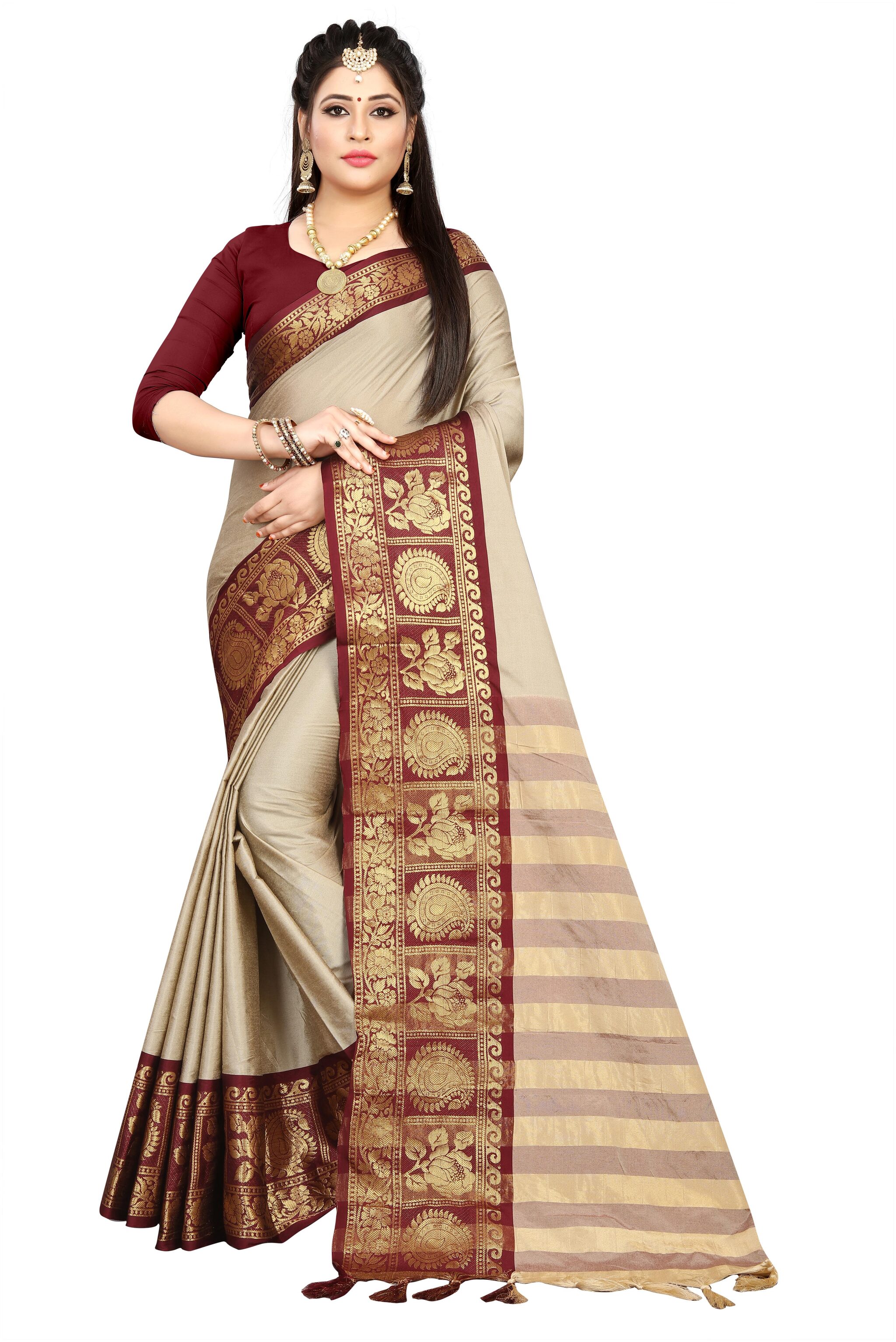 

Grubstaker Art Silk Saree With Blouse And Jhalar Brown