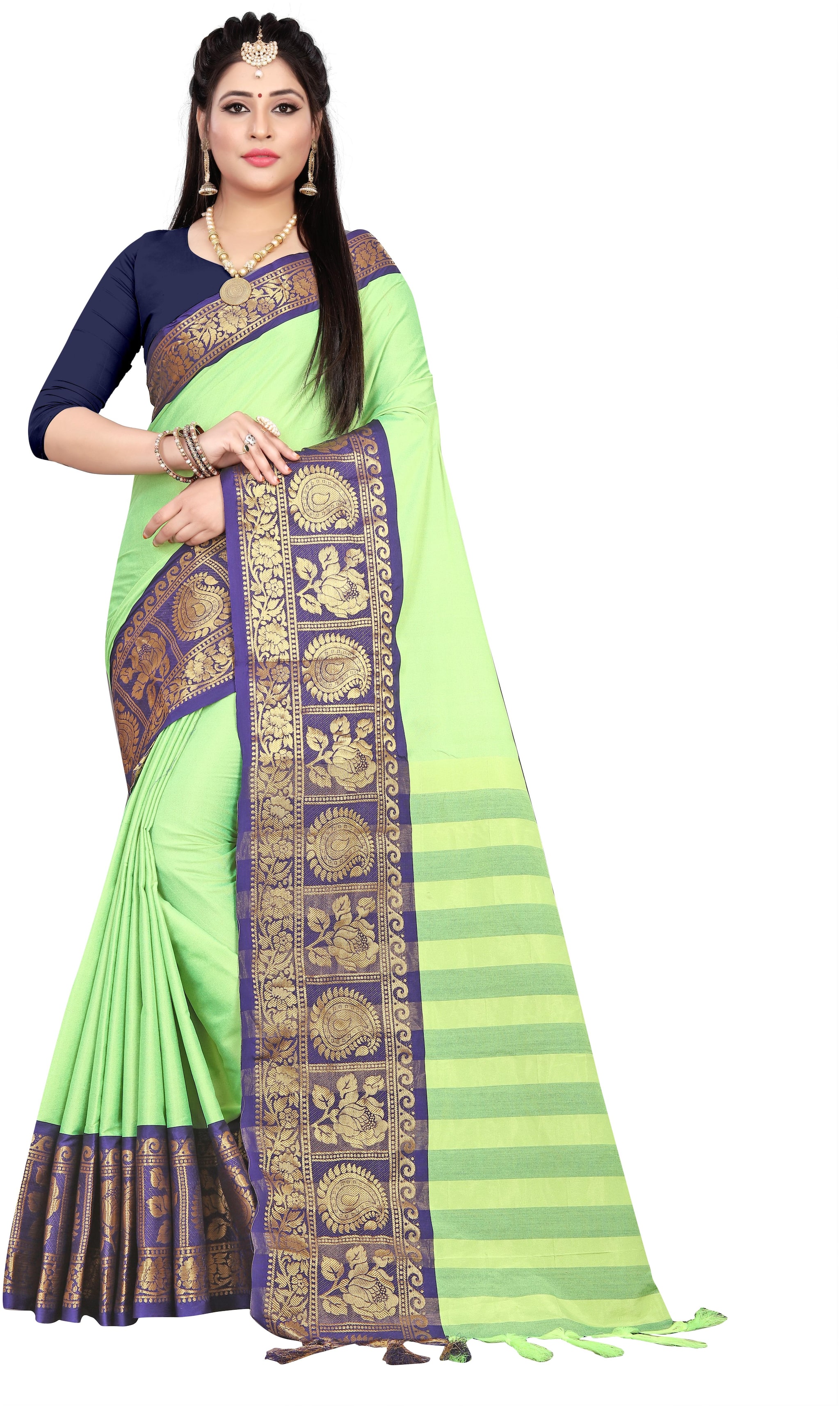 

Grubstaker Art Silk Saree With Blouse And Jhalar Green