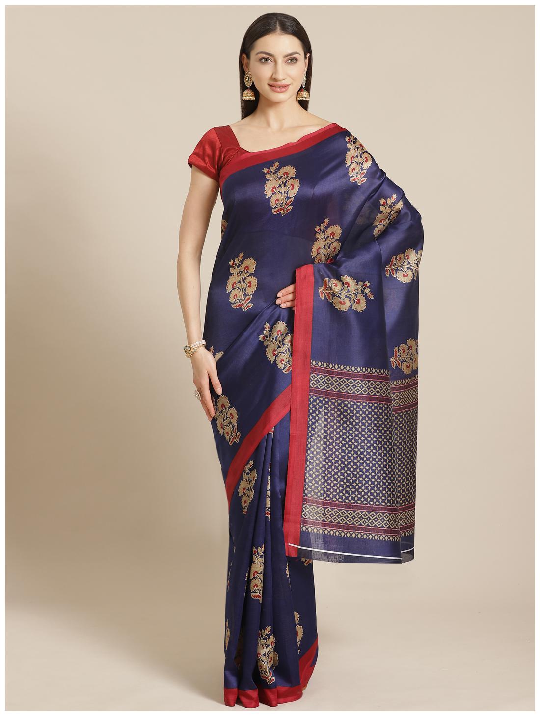 

Grubstaker Blue Cotton Floral Saree For Women