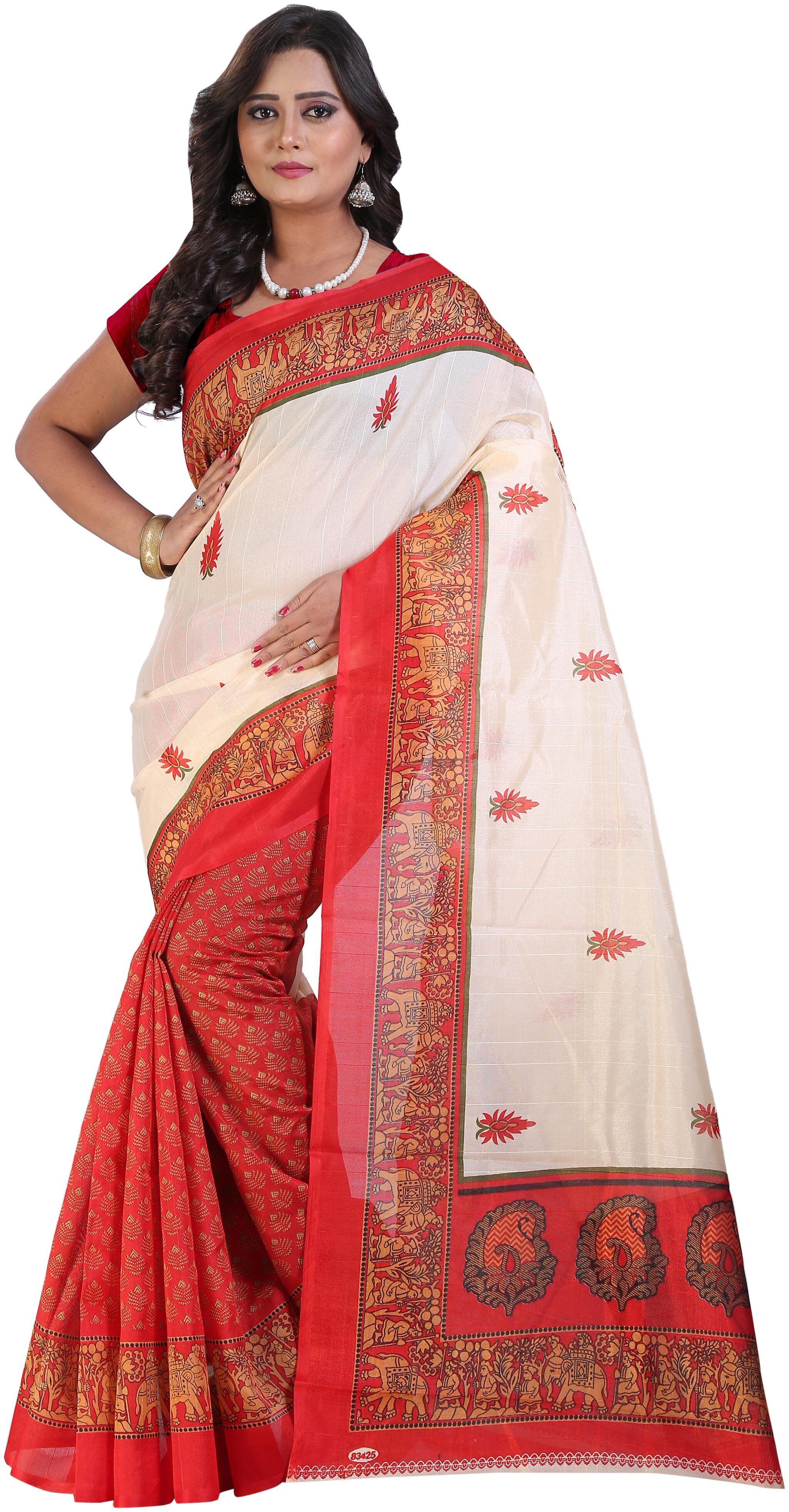 

Grubstaker Bangalori silk saree With Blouse pcs Red white
