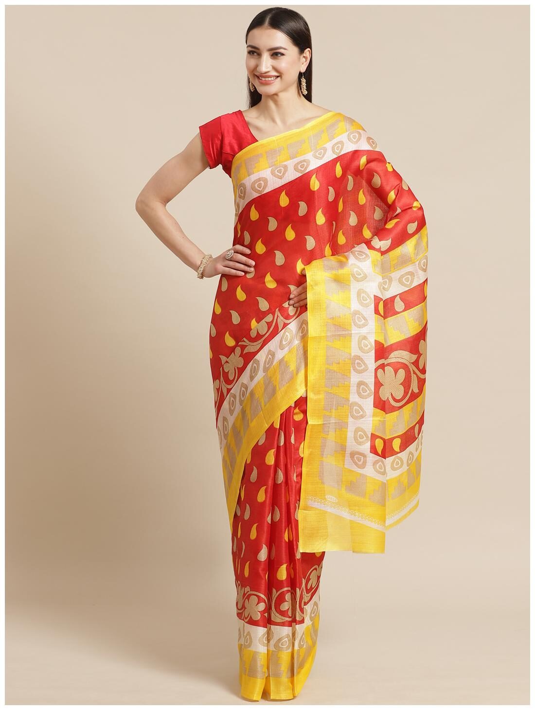 

Grubstaker Khadi Red Printed Saree For Women