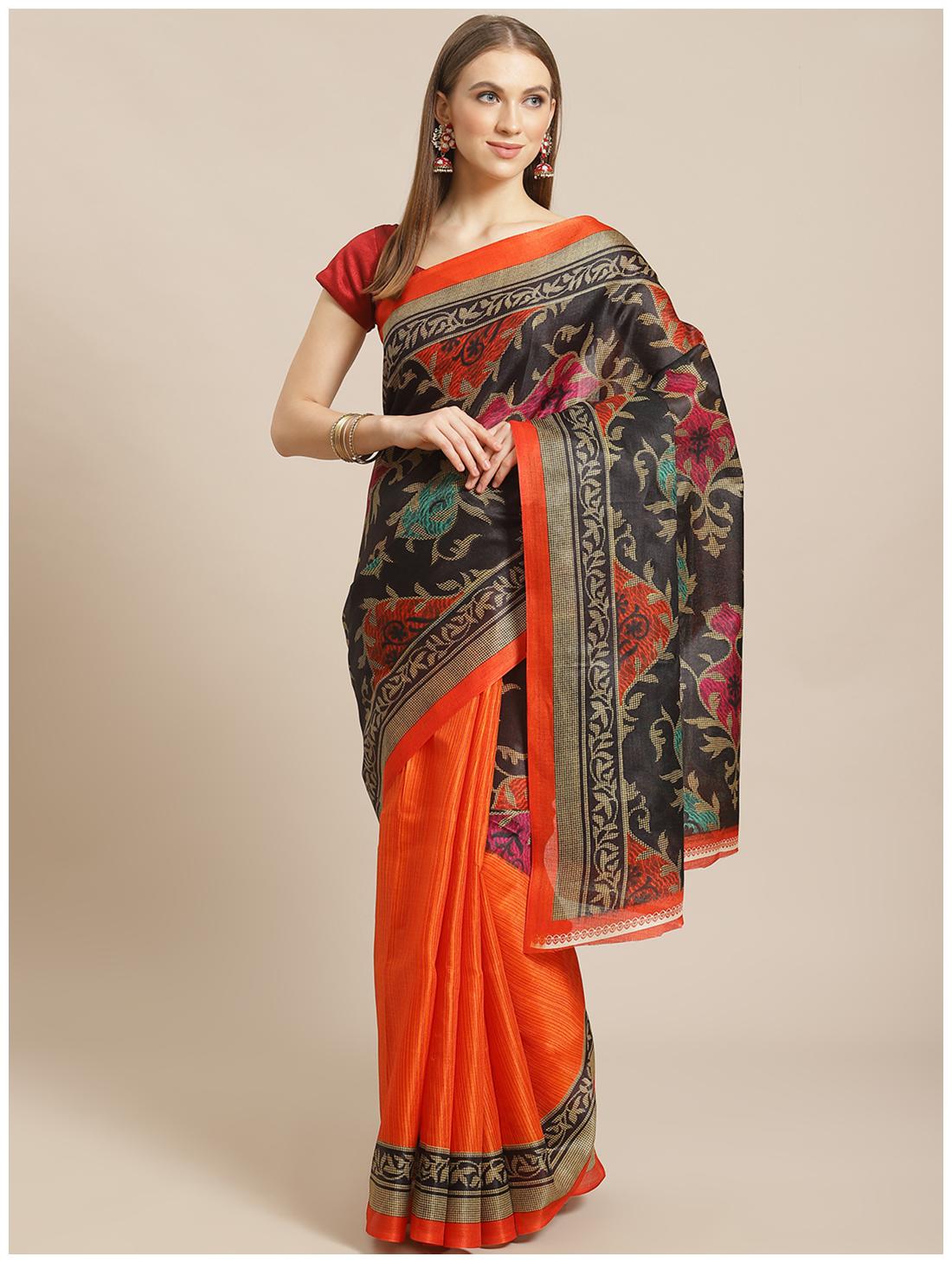 

Grubstaker Khadi Orange Printed Saree For Women