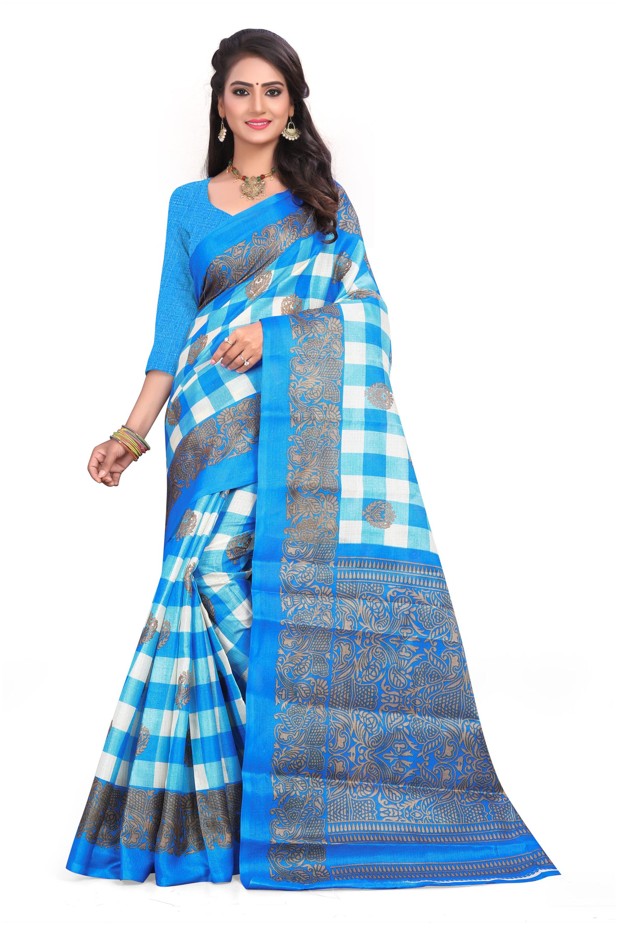 

Grubstaker Khadi Blue Checkered Regular Saree for Women