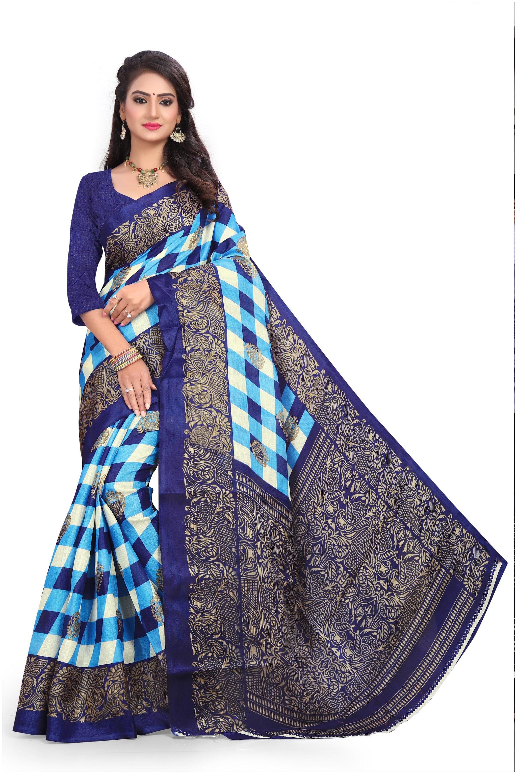 

Grubstaker Khadi Blue Checkered Regular Saree for Women