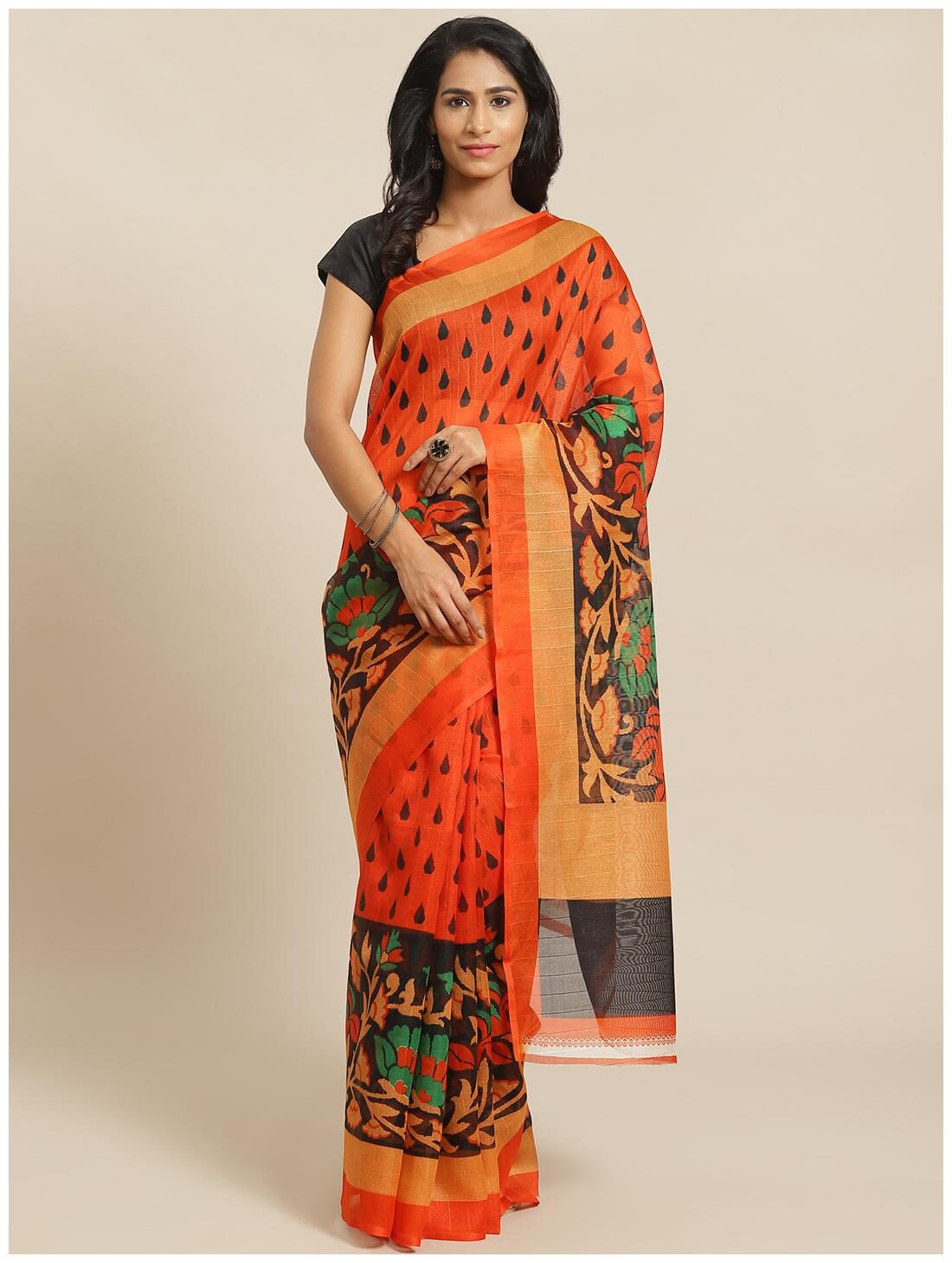 

Grubstaker Orange Cotton Floral Saree For Women