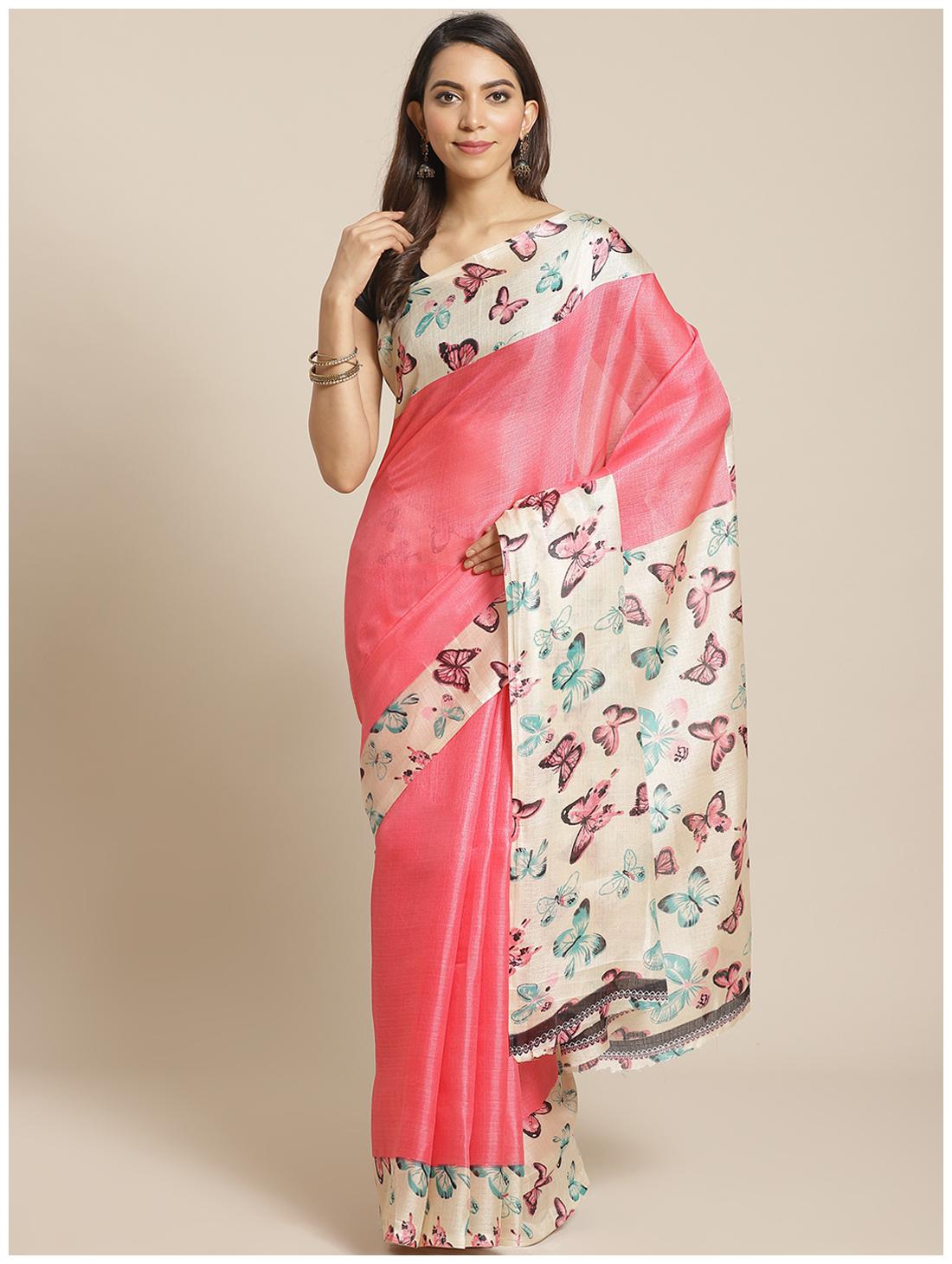 

Grubstaker Pink Khadi Animal Print Saree For Women