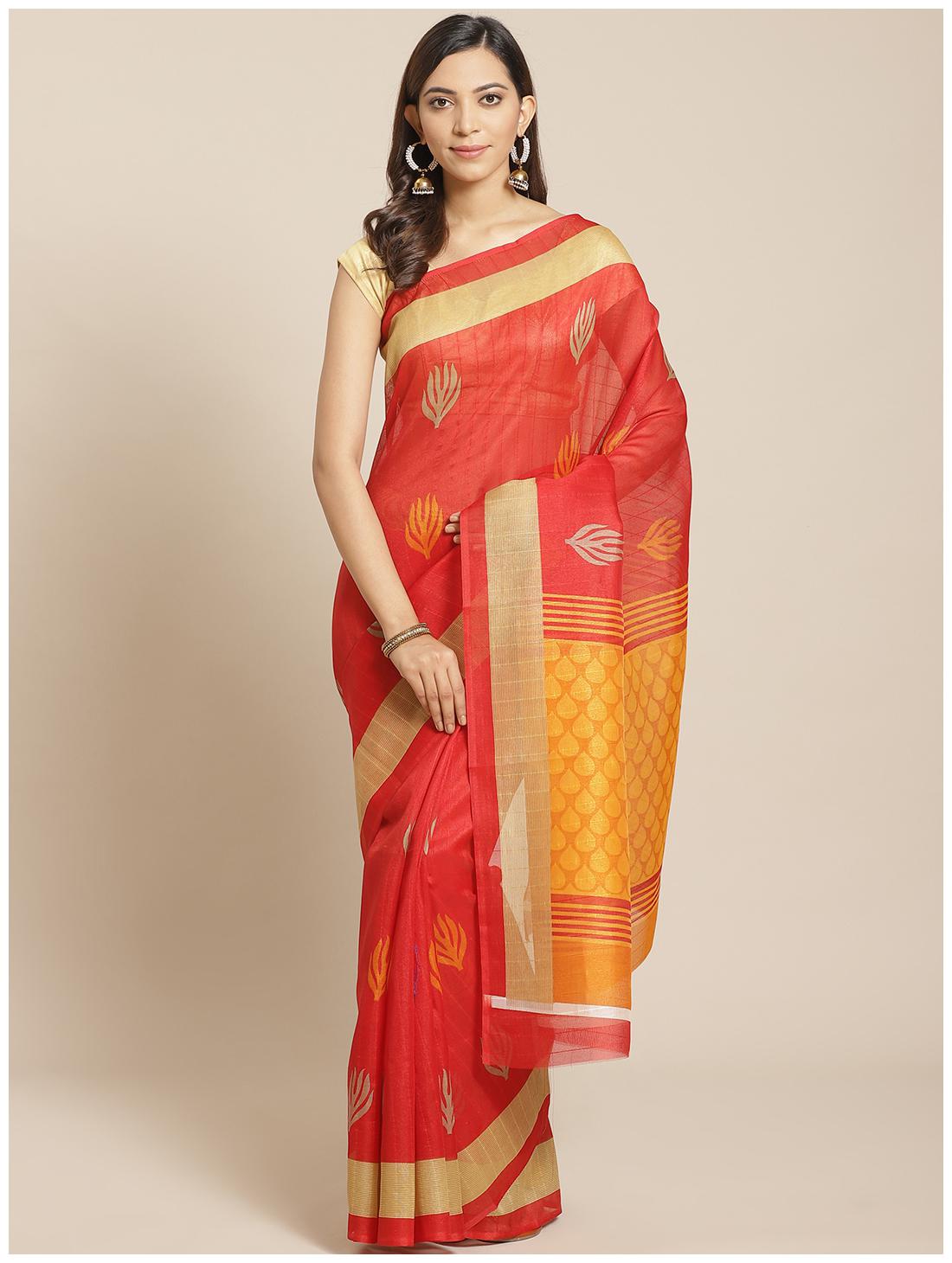 

Grubstaker Red Cotton Printed Saree For Women