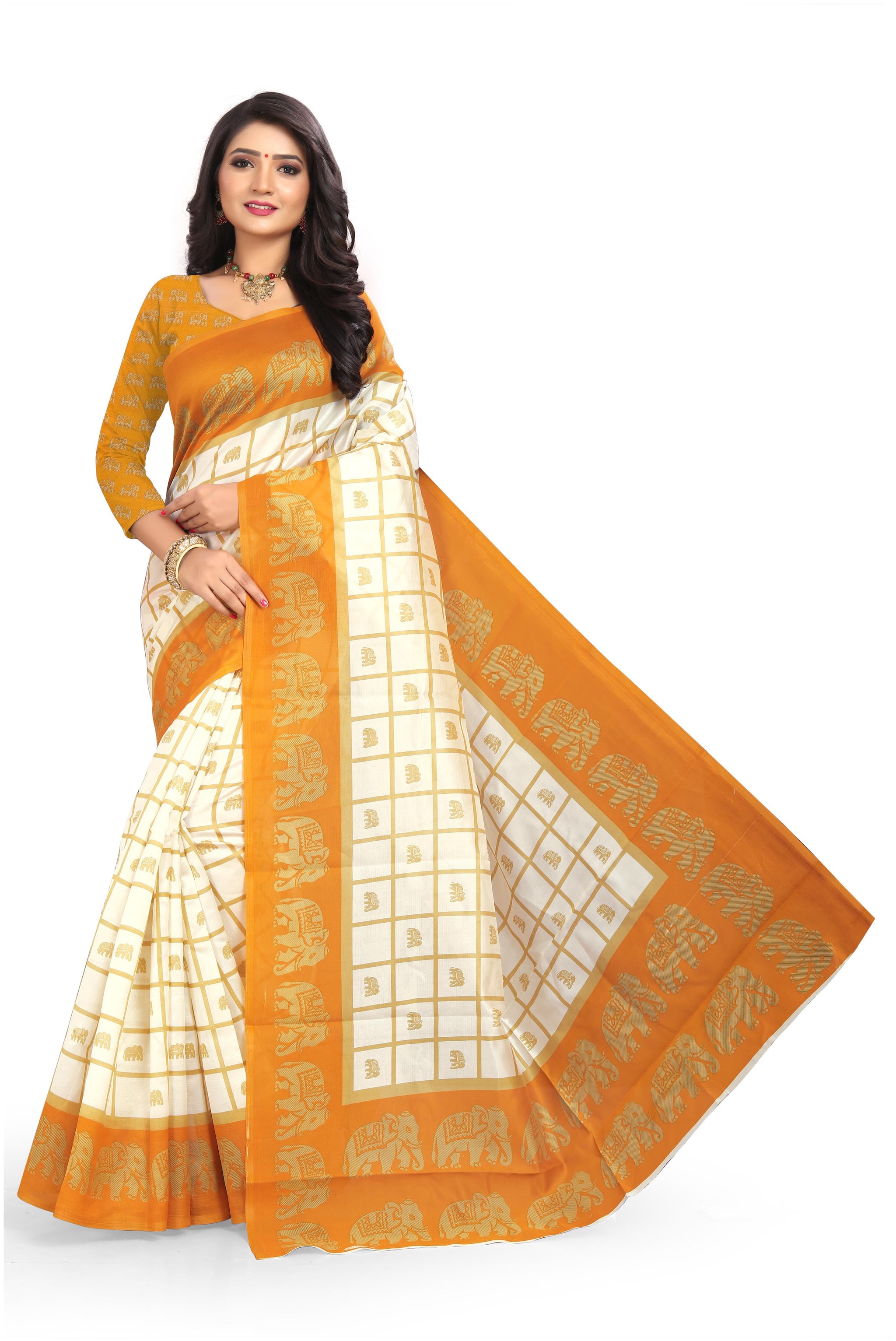 

Grubstaker Synthetic Animal Print Yellow Cream Regular Saree For Women