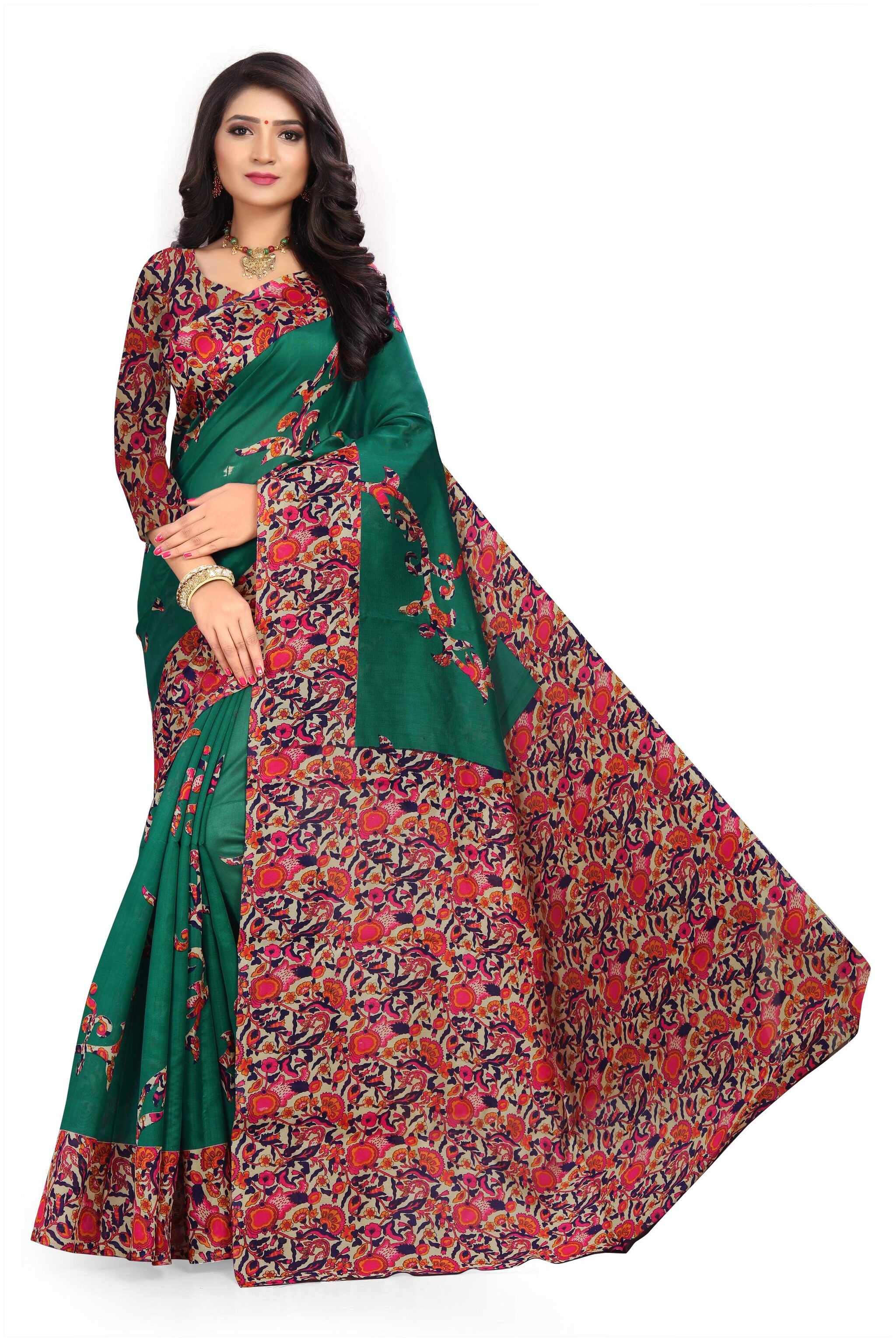 

Grubstaker Synthetic Floral Green Regular Saree For Women