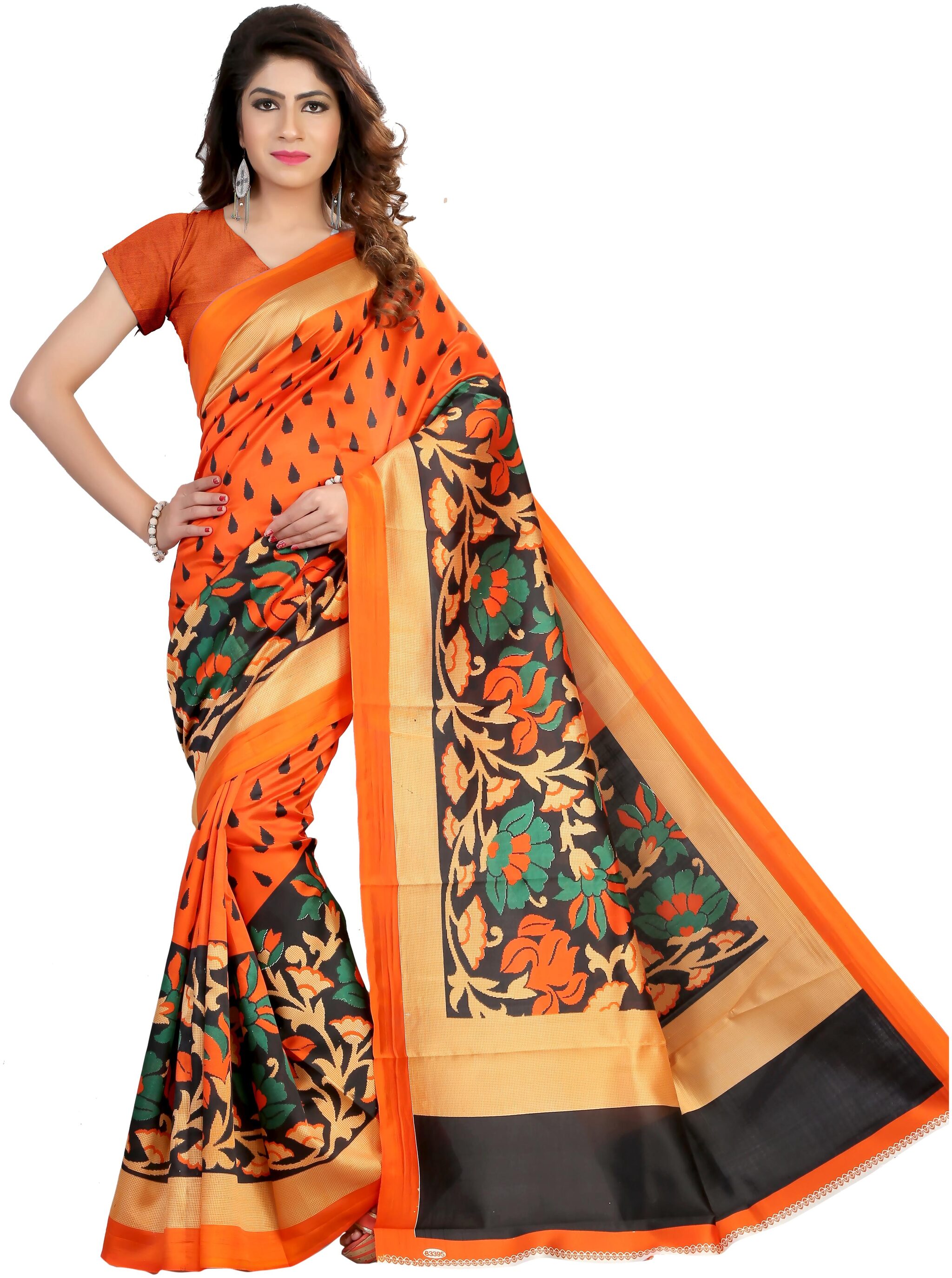 

Grubstaker Synthetic Floral Orange Regular Saree For Women