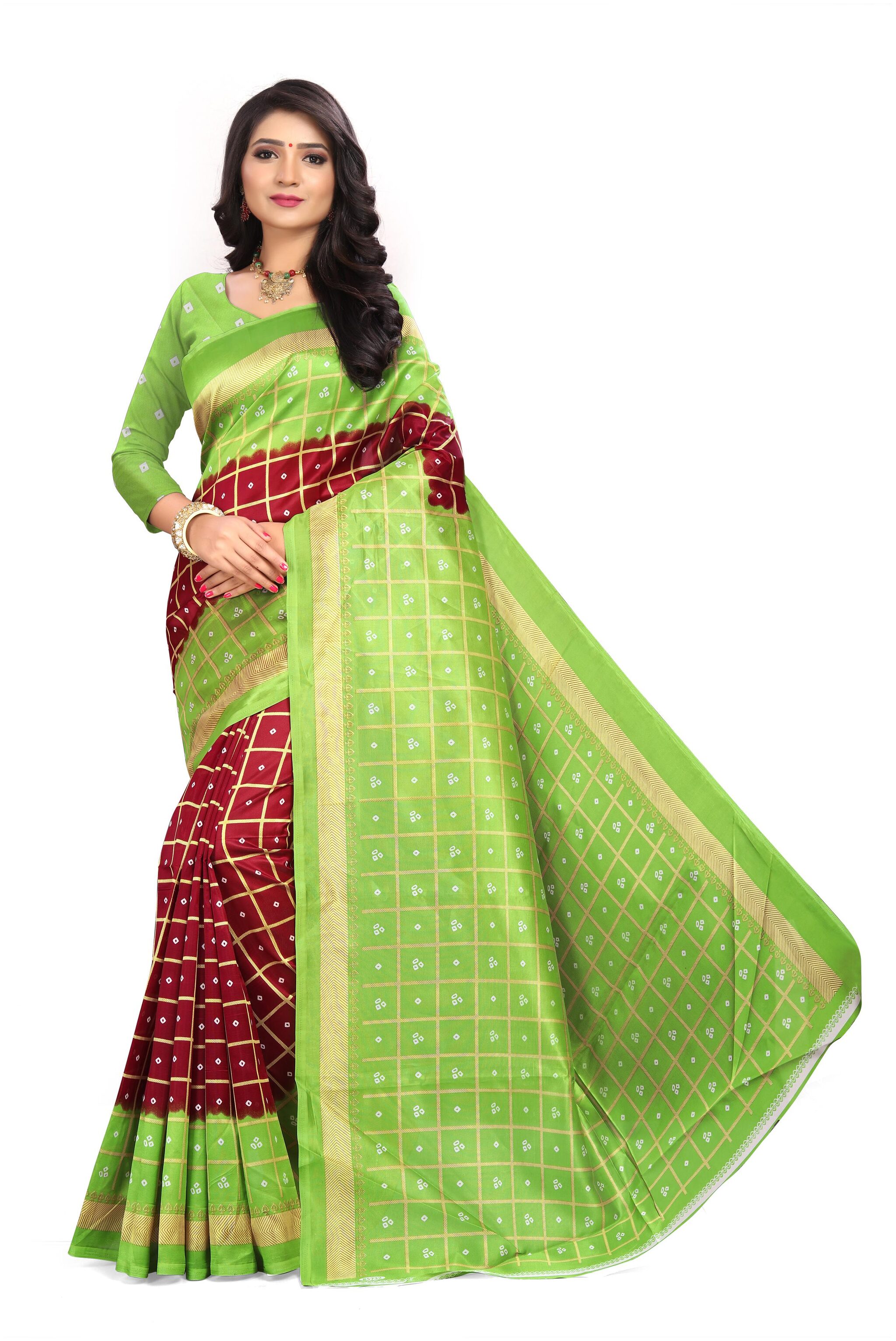 

Grubstaker Maroon Checkered Bhagalpuri Half Half Saree With Blouse With blouse