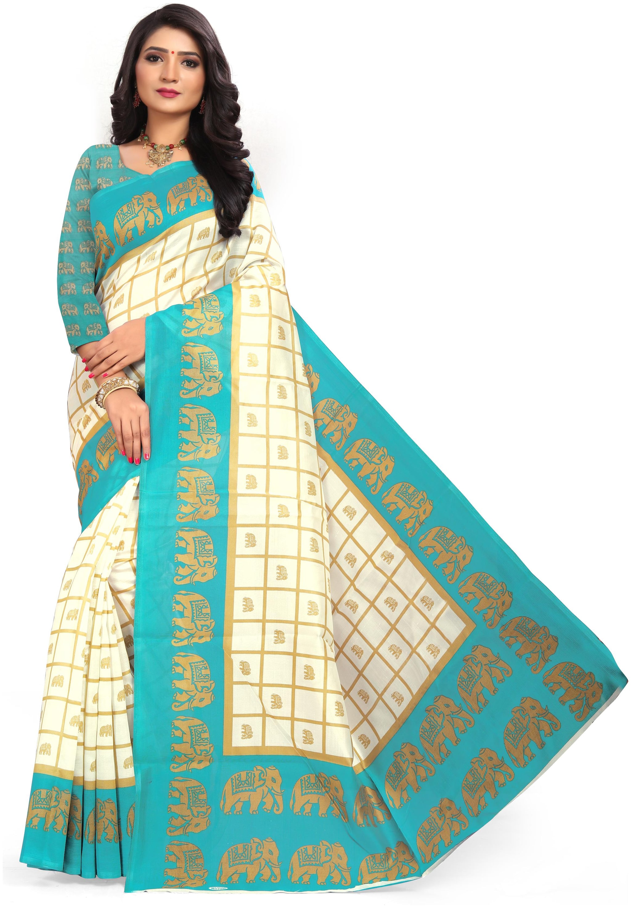 

Grubstaker Women silk saree With Blouse Piece Turquoise color