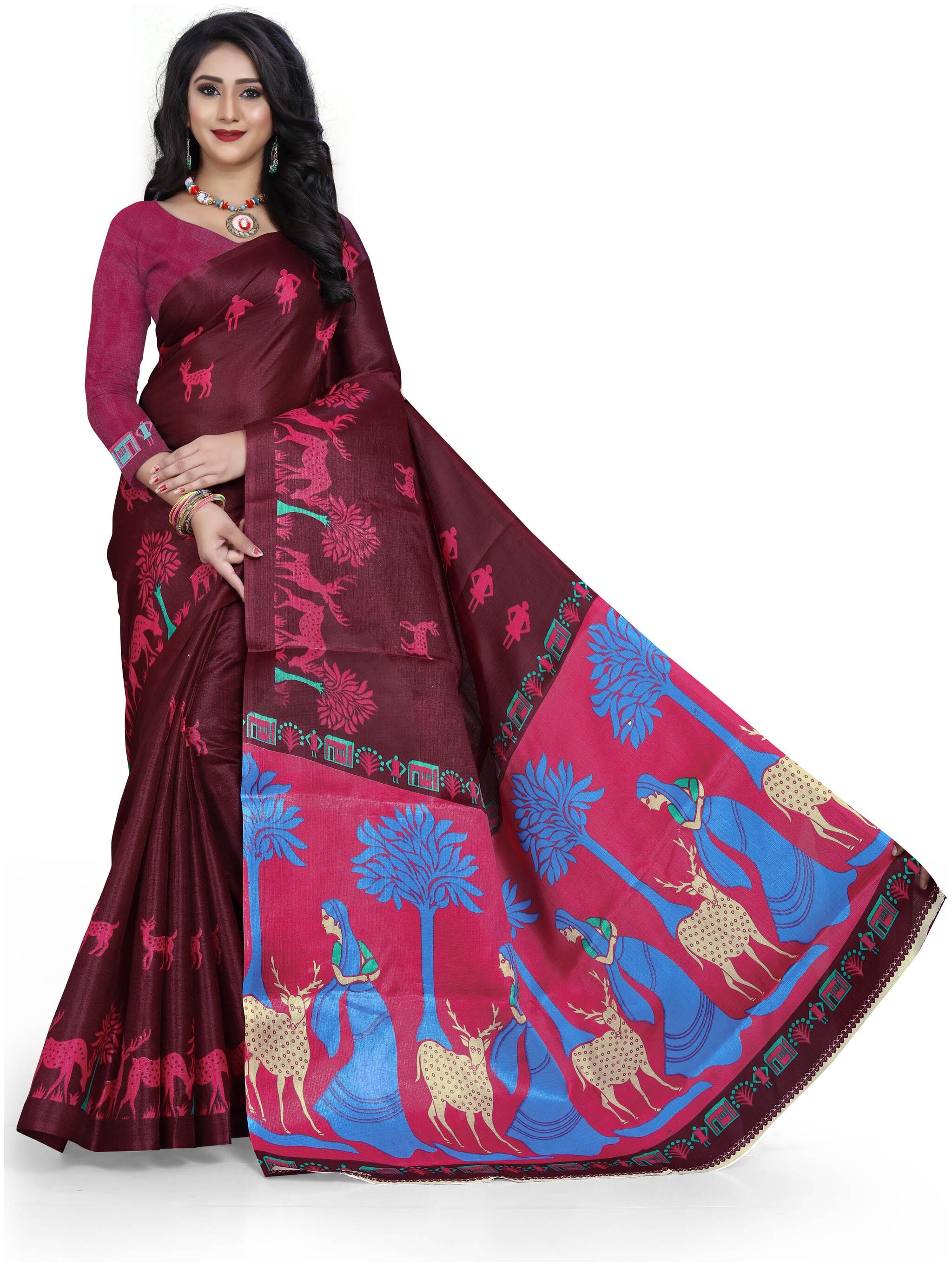 

Grubstaker Women Khadi Maroon Regular Saree With Blouse