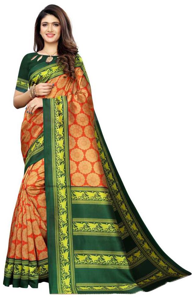 

Grubstaker Womens Orange Silk Woven Print Saree