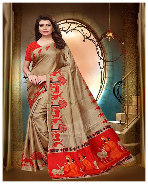

Grubstaker Women Khadi Red Regular Saree With Blouse
