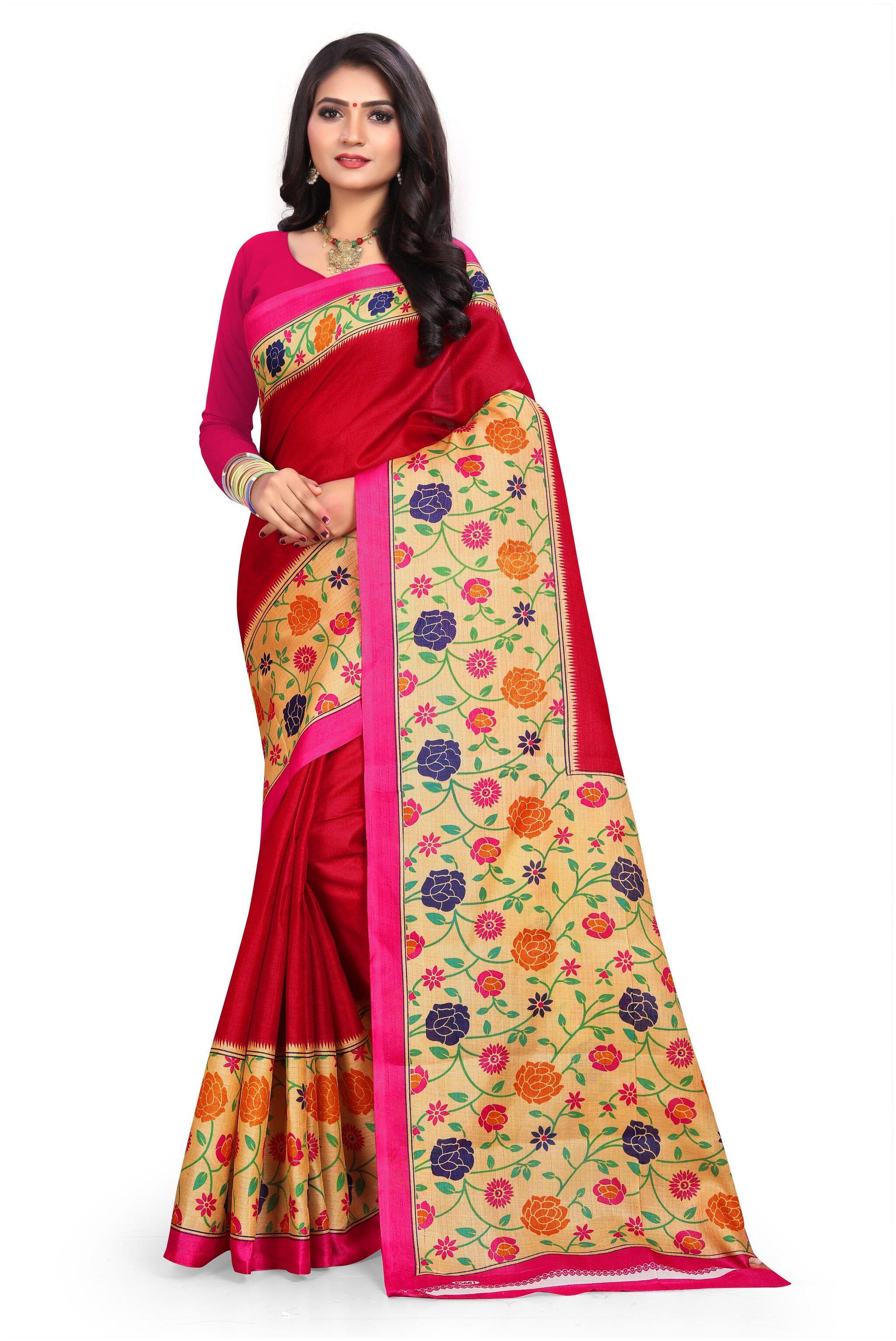 

Grubstaker Maroon Floral Bhagalpuri Regular Saree With Blouse With blouse