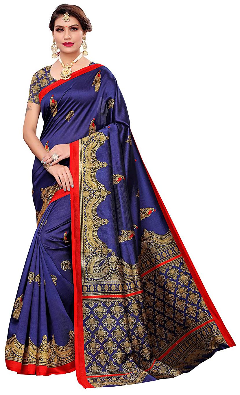 

Grubstaker Womens Navy Blue Silk Woven Print Saree