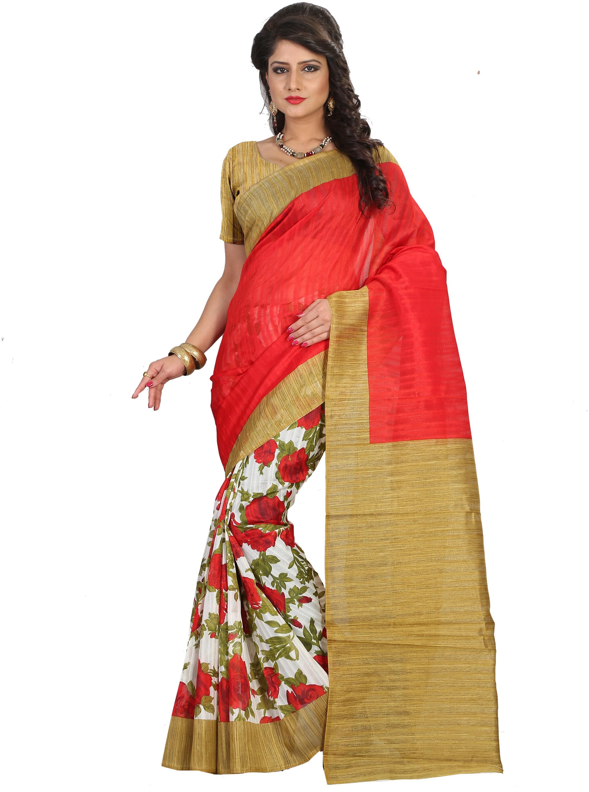 

Grubstaker Women Synthetic Red Regular Saree With Blouse