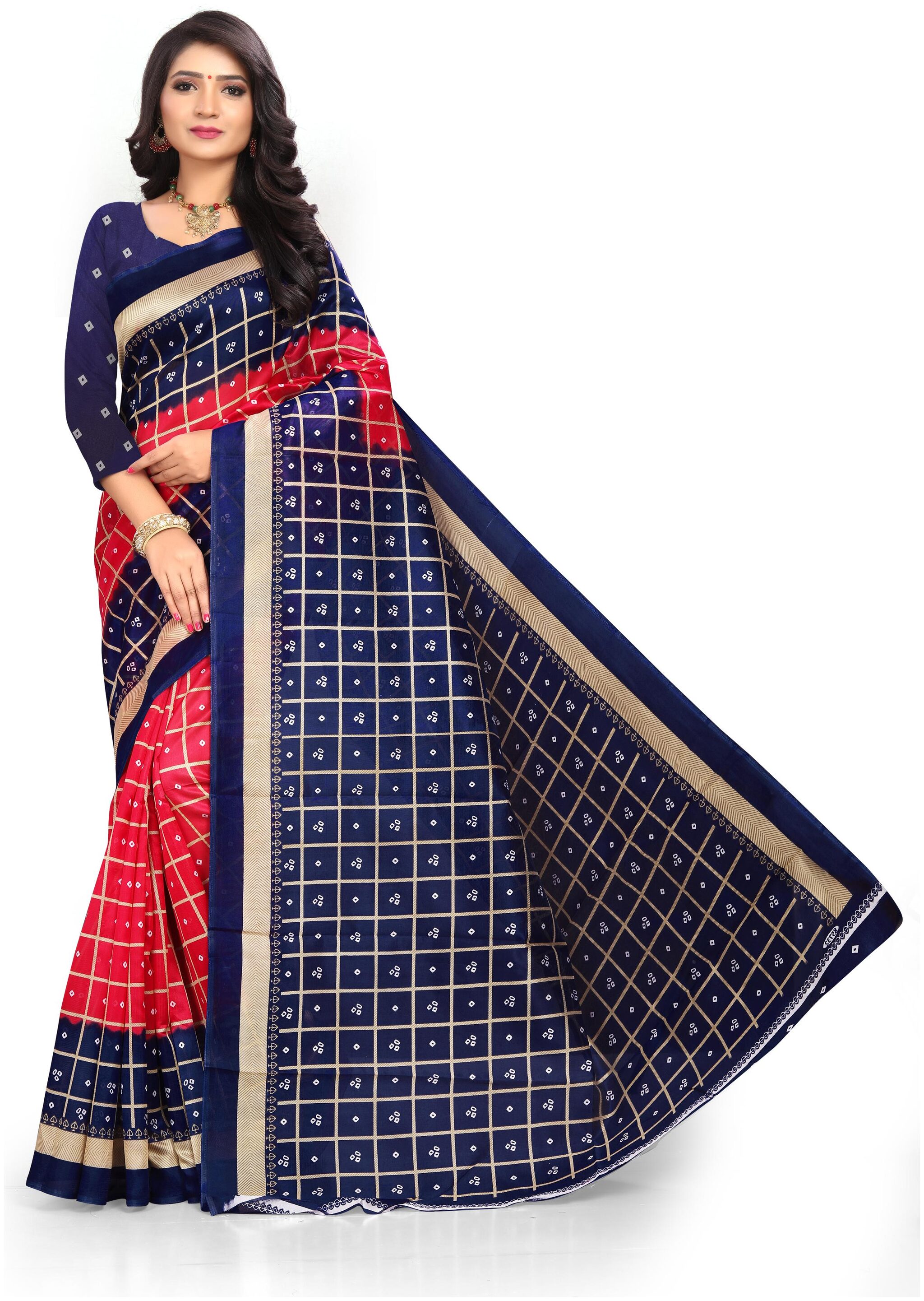 

Grubstaker Red Checkered Bhagalpuri Half Half Saree With Blouse With blouse