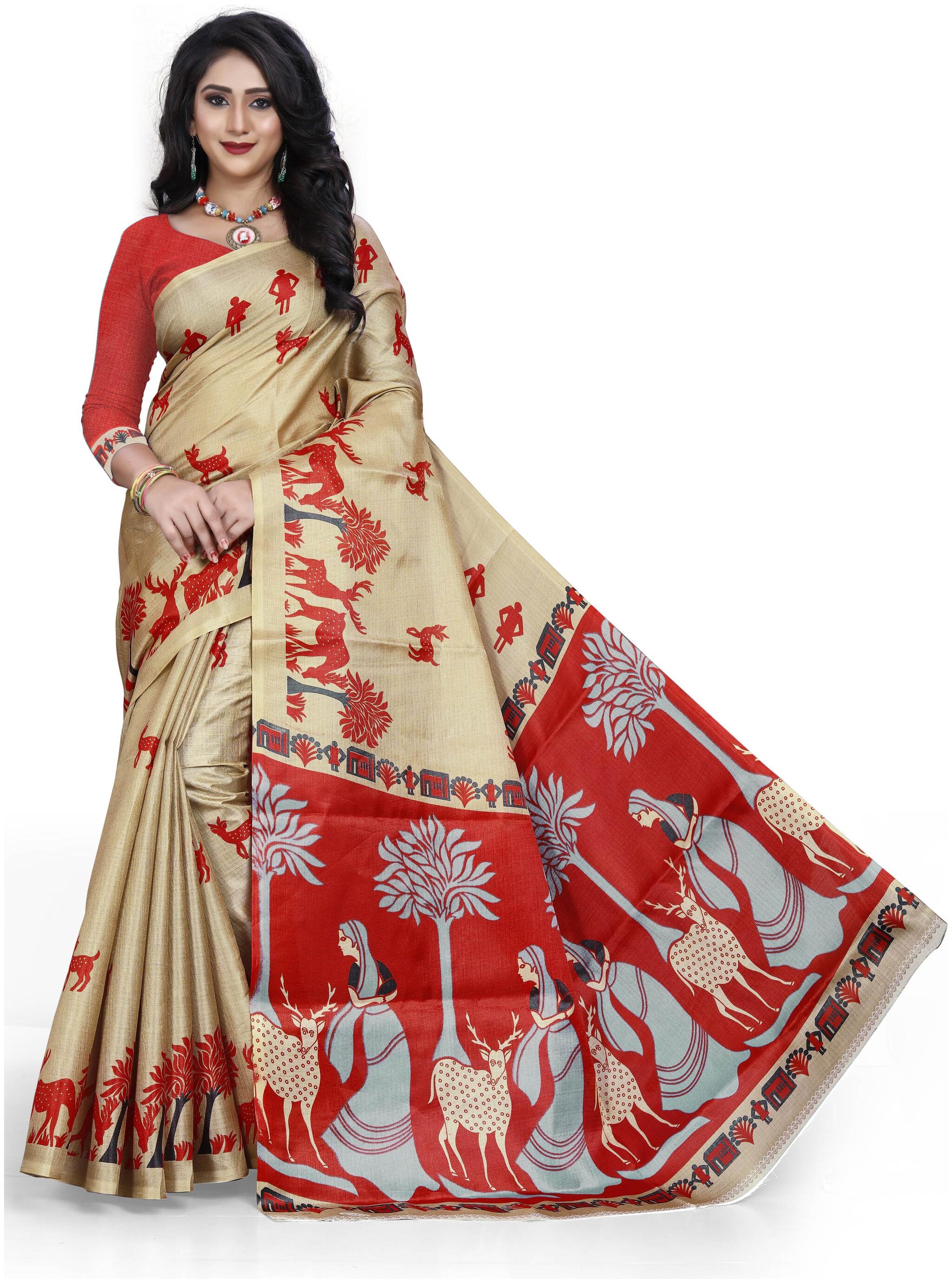 

Grubstaker Women Silk Bhagalpuri Saree -Beige