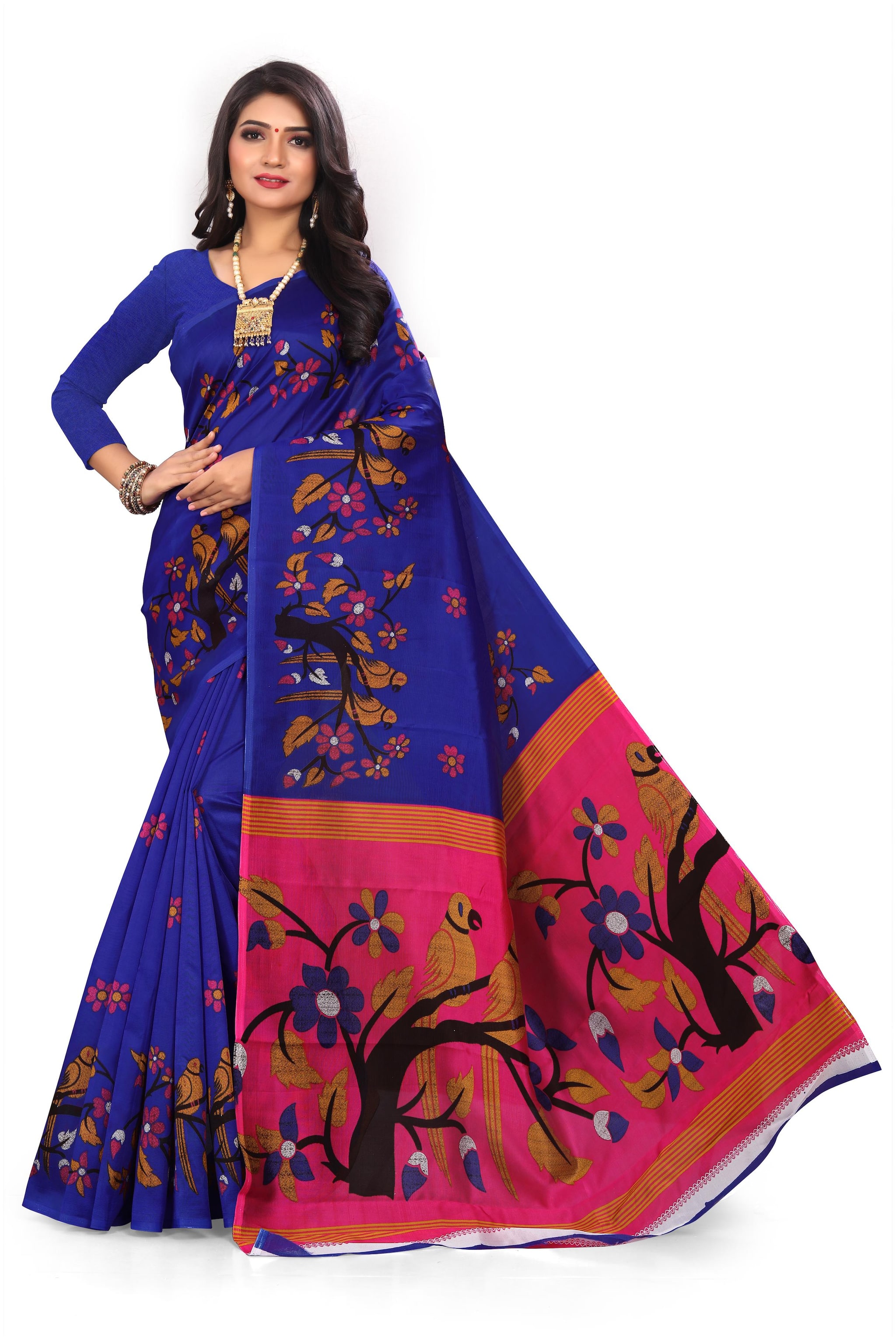 

Grubstaker Blue Floral Bhagalpuri Half Half Saree With Blouse With blouse