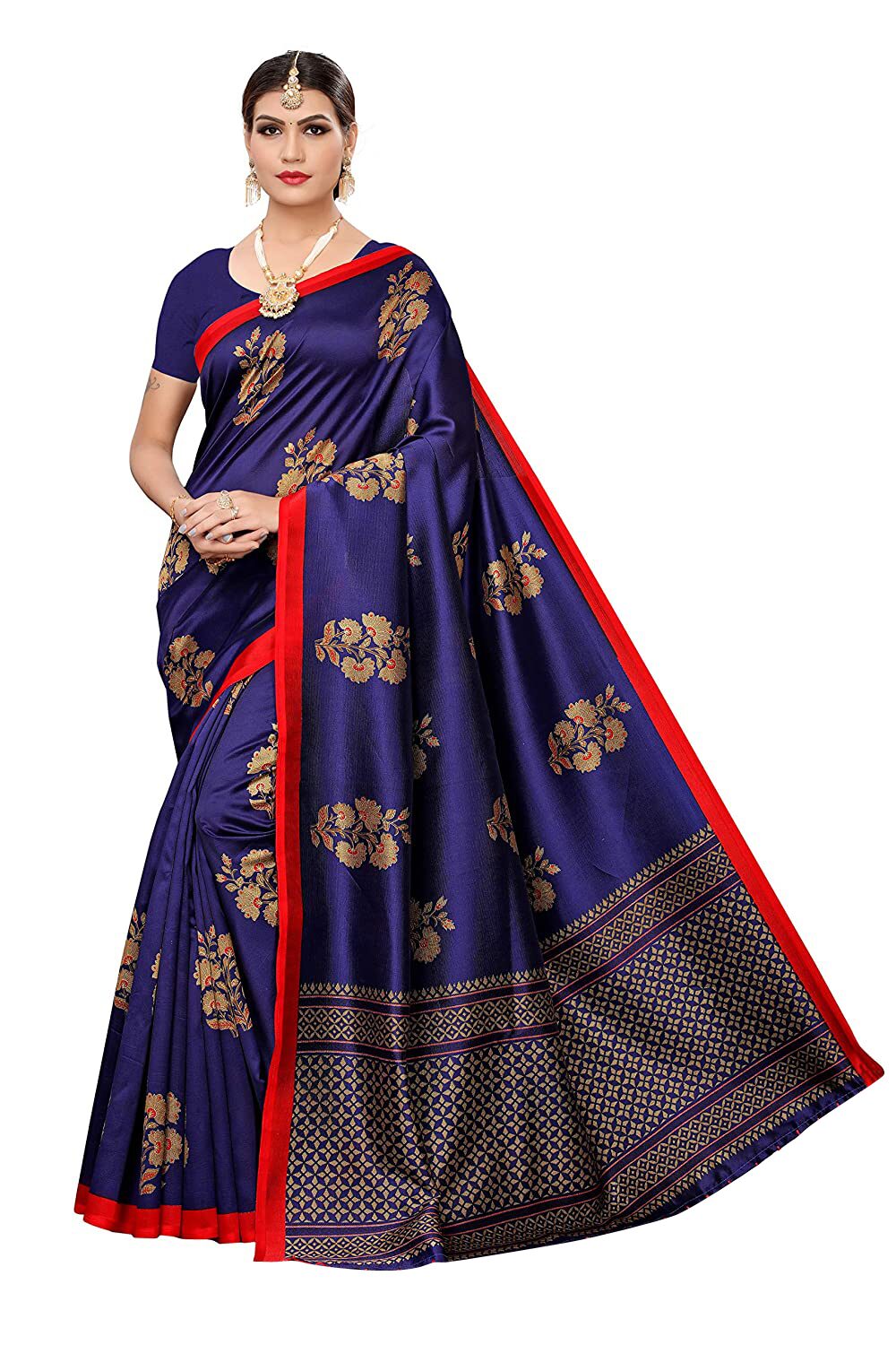 

Grubstaker Womens Navy Blue Silk Woven Saree