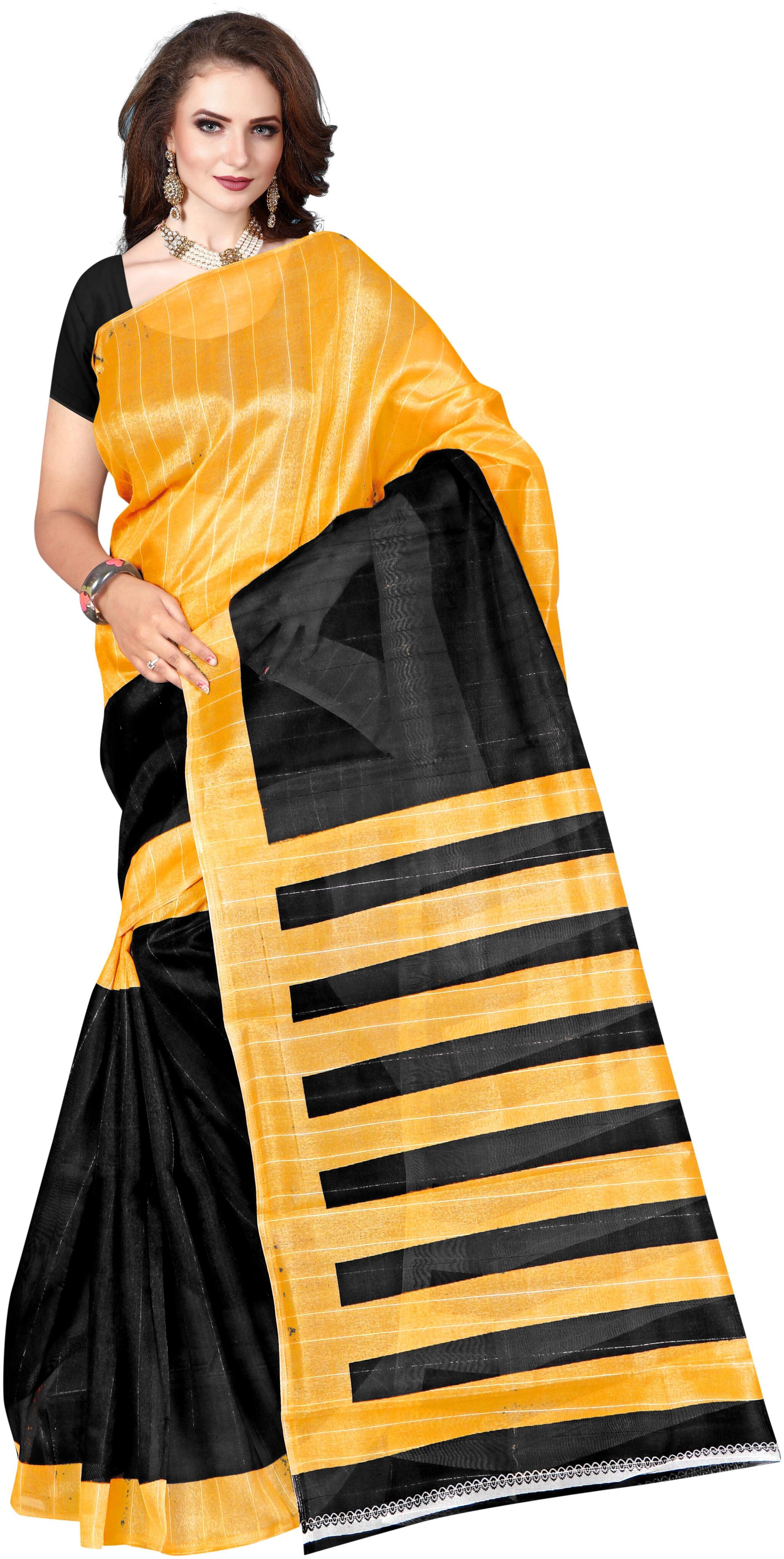 

Grubstaker Black Striped Bhagalpuri Half Half Saree With Blouse With blouse