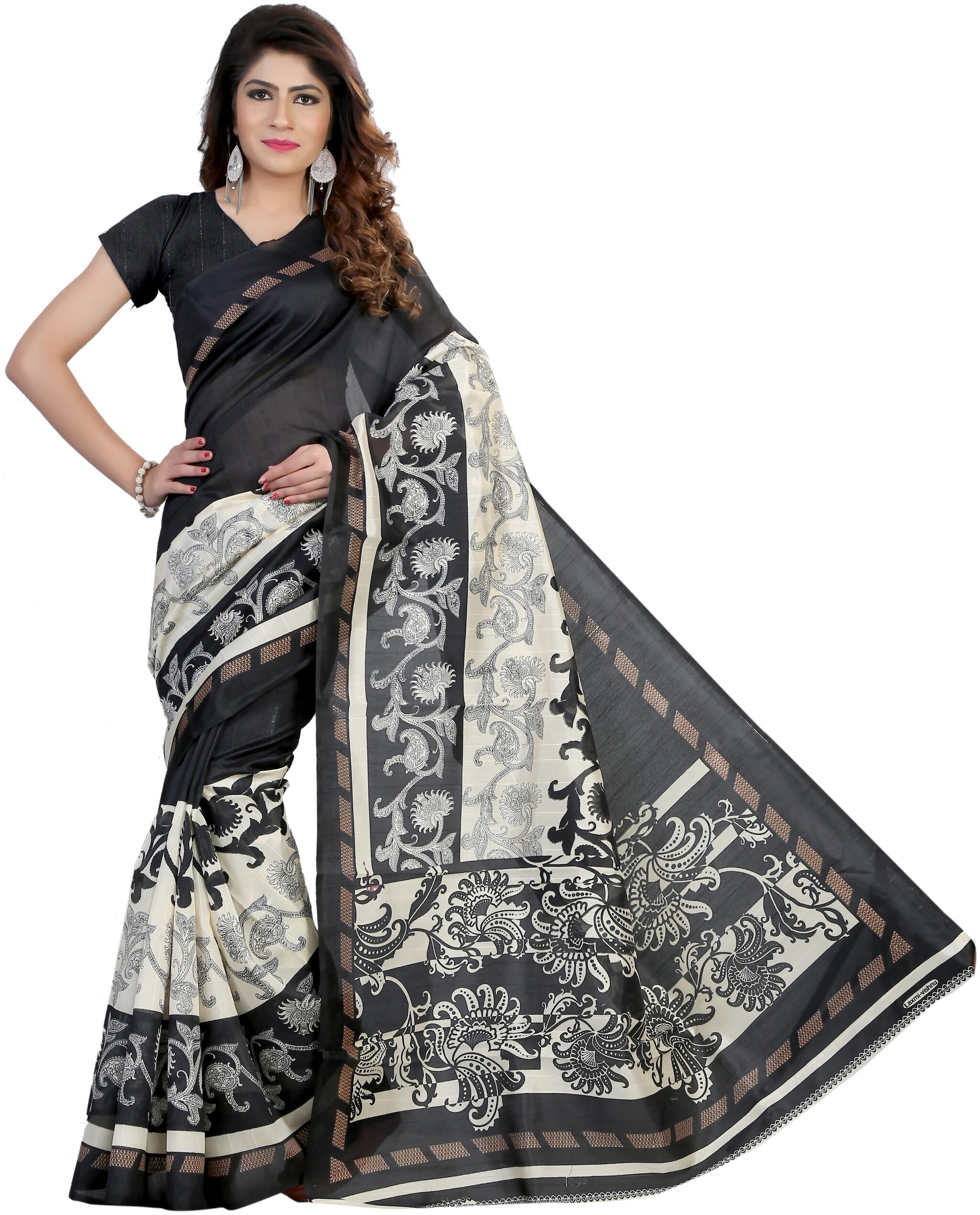 

Grubstaker Women Silk Bhagalpuri Saree -Black
