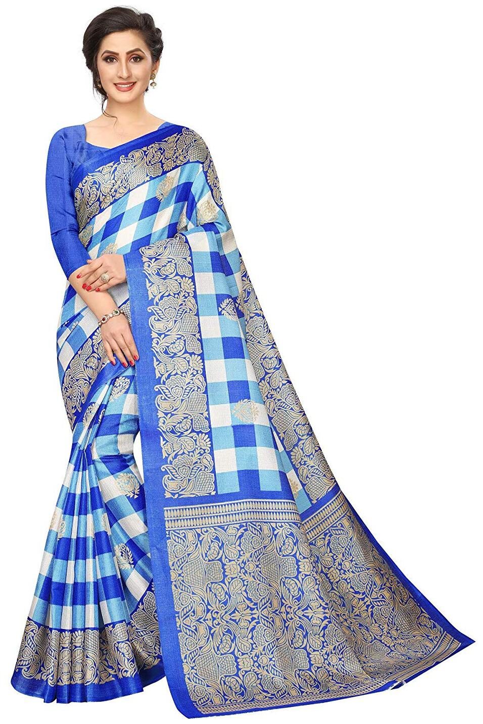 

Grubstaker Women s Khadi Silk Lattice design Saree With Blouse Piece Multi