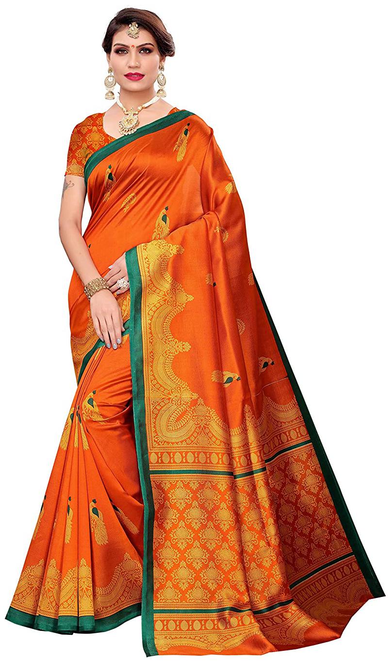 

Grubstaker Womens Orange Silk Woven Print Saree