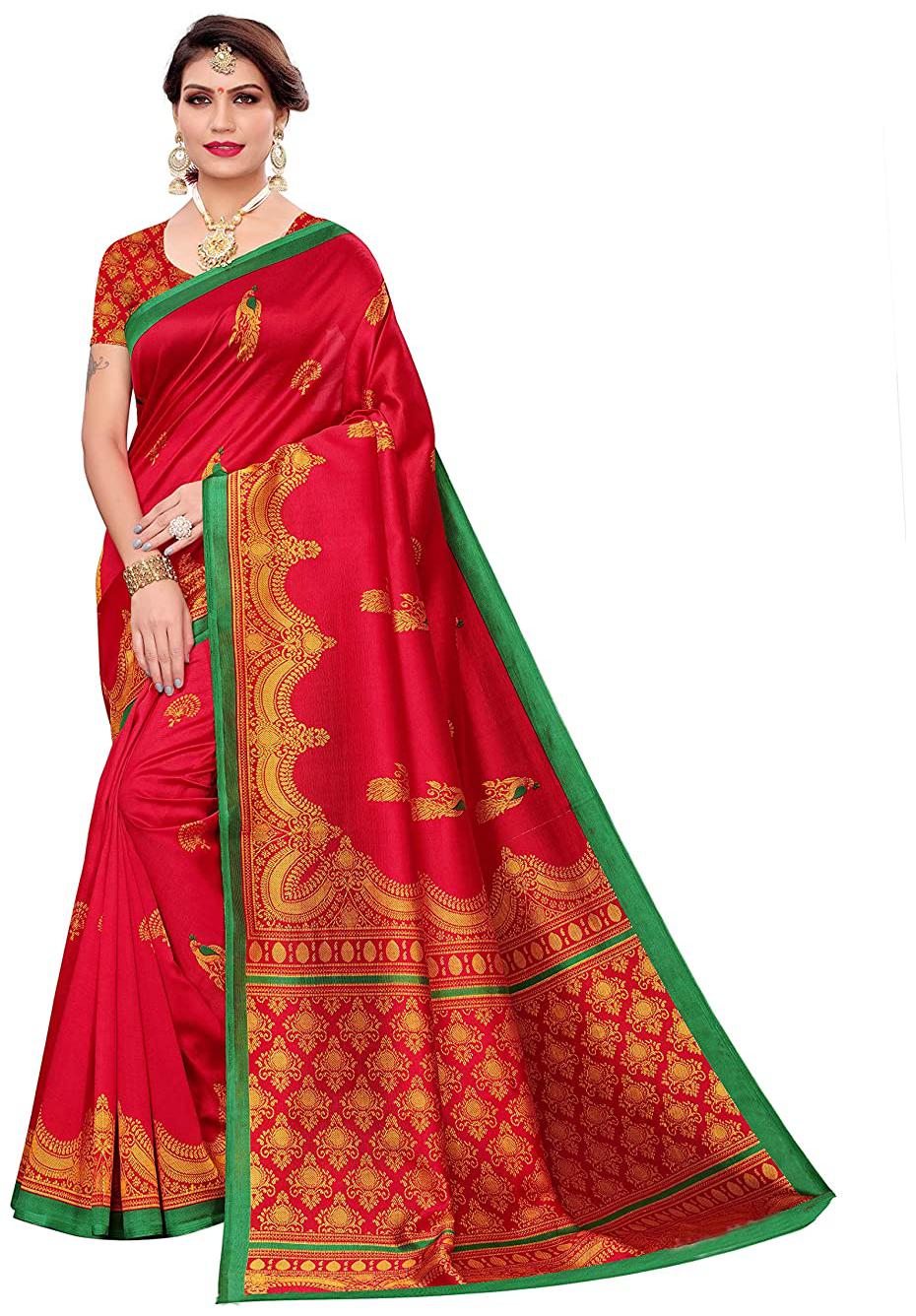 

Grubstaker Womens Red Silk Woven Print Saree