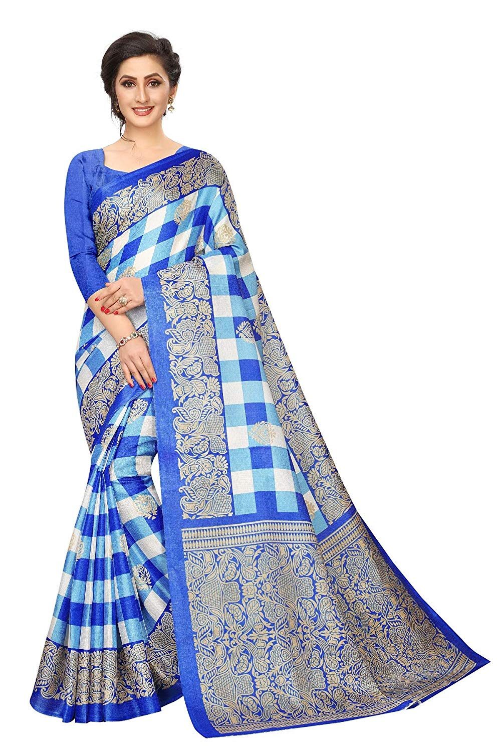 

Grubstaker Women Khadi Blue Regular Saree With Blouse