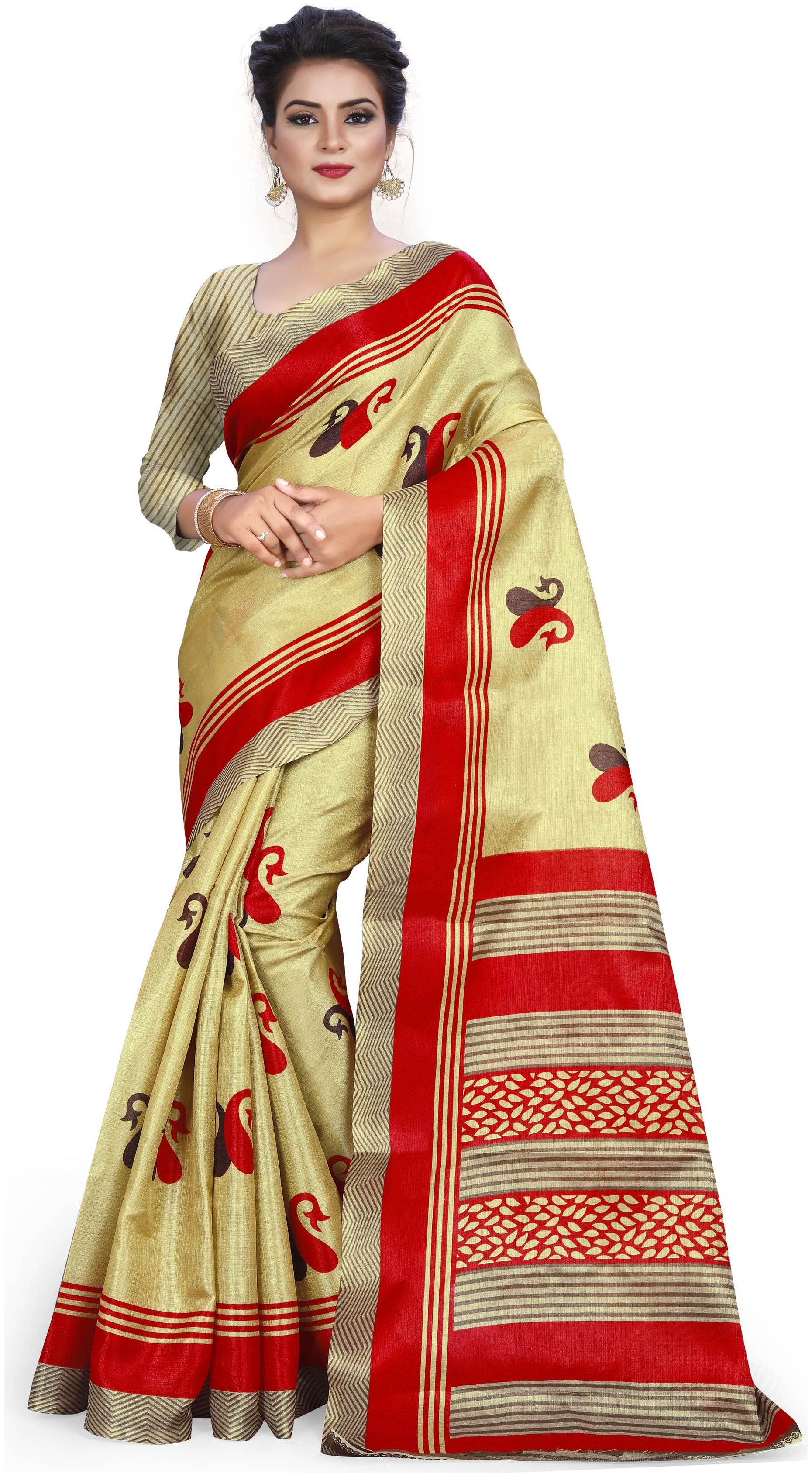 

Grubstaker Women Khadi Red Regular Saree With Blouse
