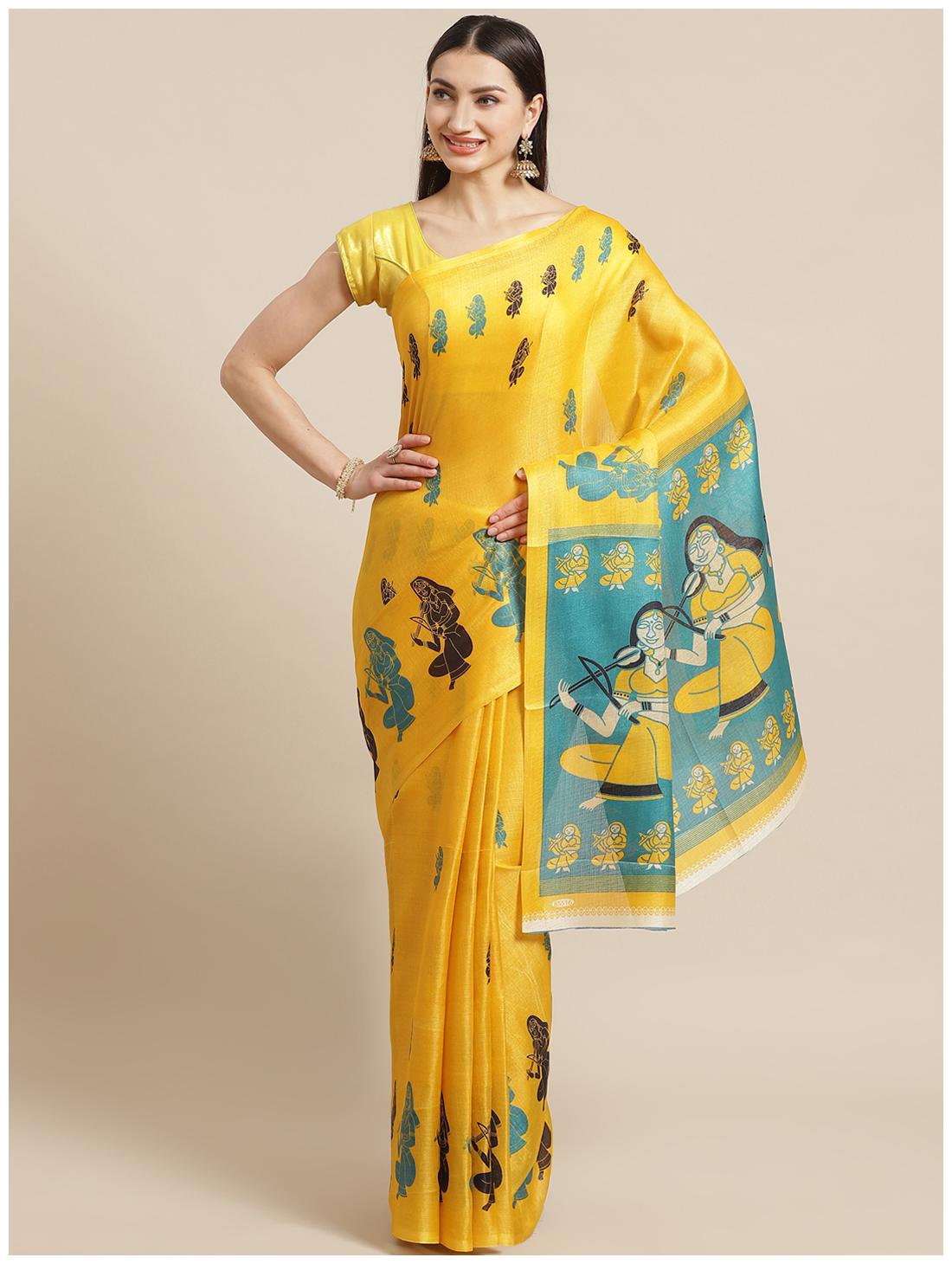 

Grubstaker Yellow Khadi Printed Saree For Women