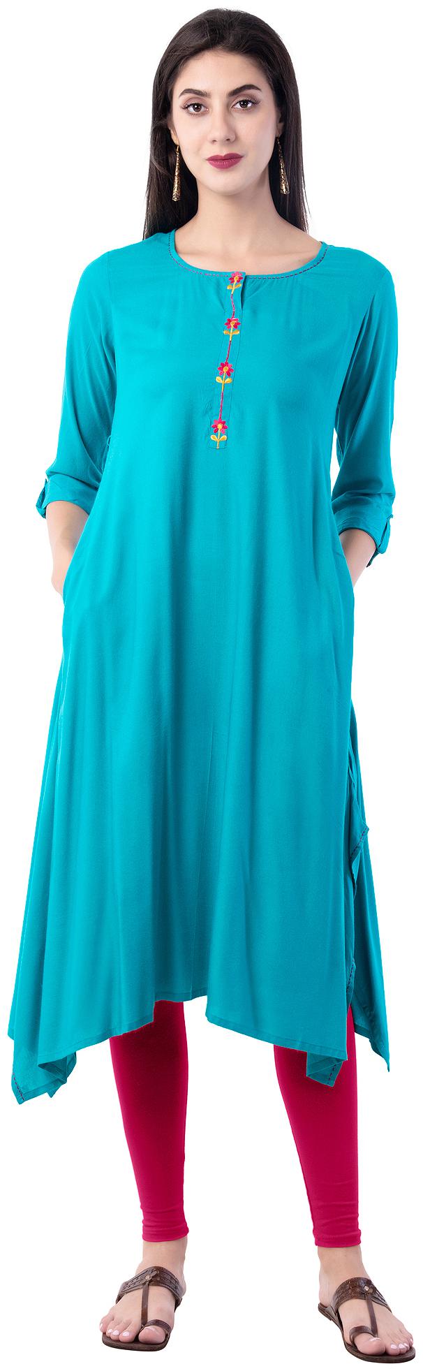 

GULMOHAR JAIPUR Rayon Embroidered Women Turquoise Kurta