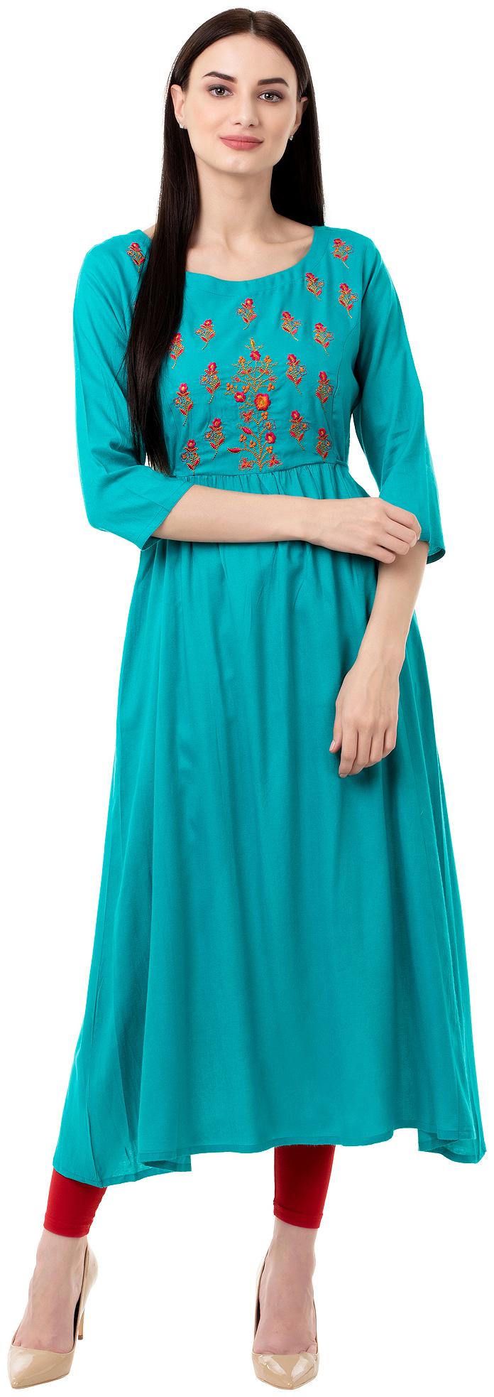 

GULMOHAR JAIPUR Rayon Embroidered Women Turquoise Kurta
