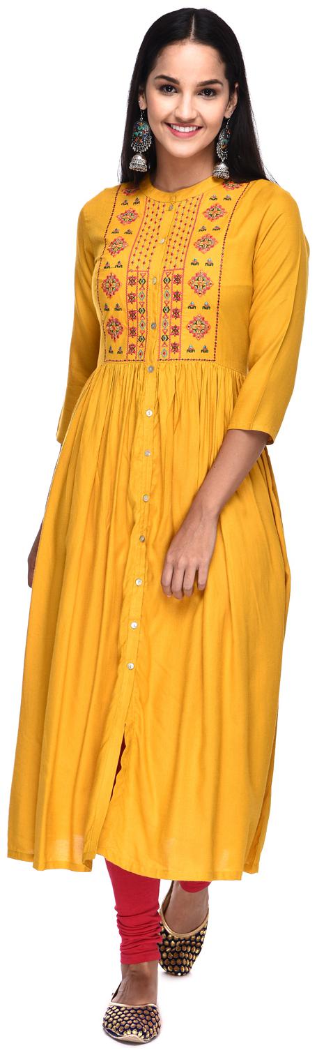 

GULMOHAR JAIPUR Women Rayon Embroidered Mustard Kurta
