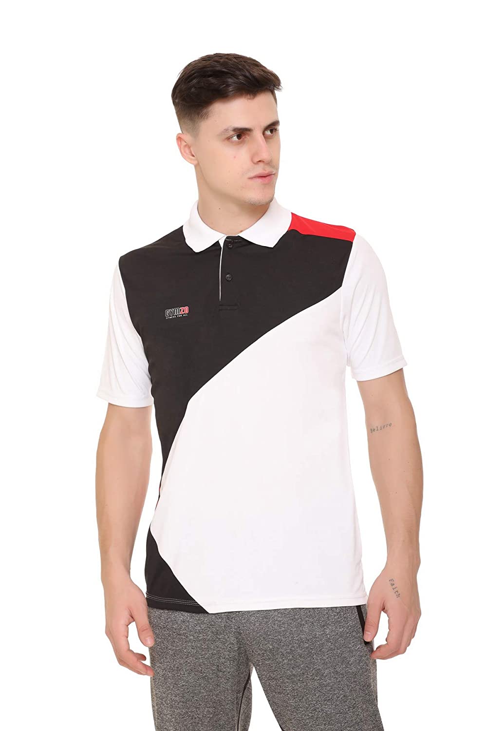 

GYMZO Men White Black Regular fit Polyester Polo collar T-Shirt - Pack Of 1