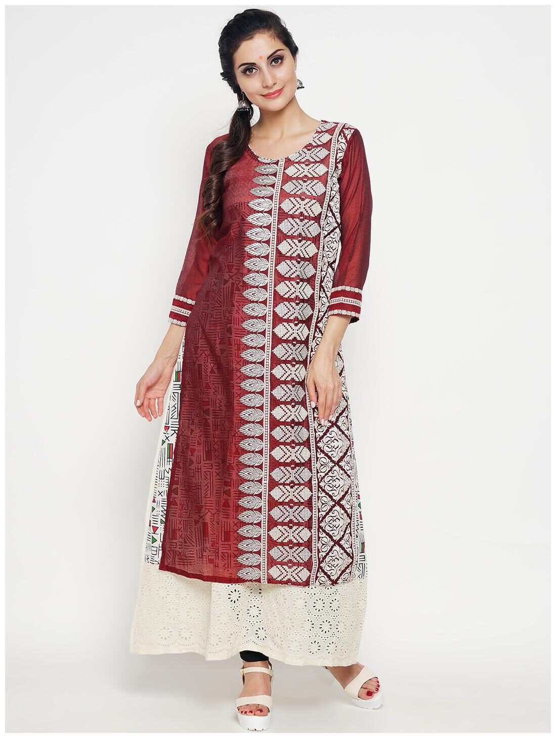 

Hakashi Women Maroon Embroidered Layered Kurta
