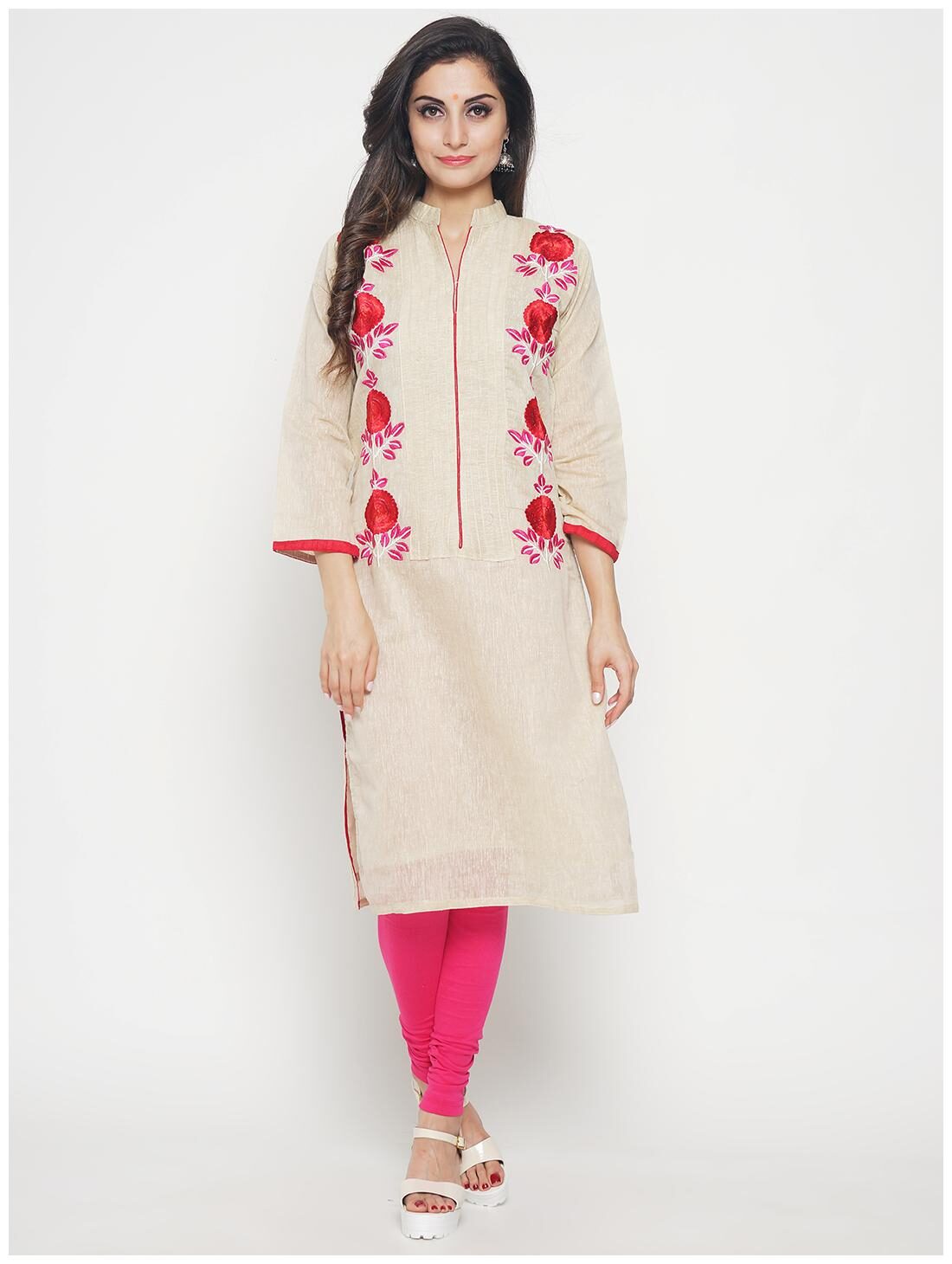 

Hakashi Women Beige Embroidered Straight Kurti
