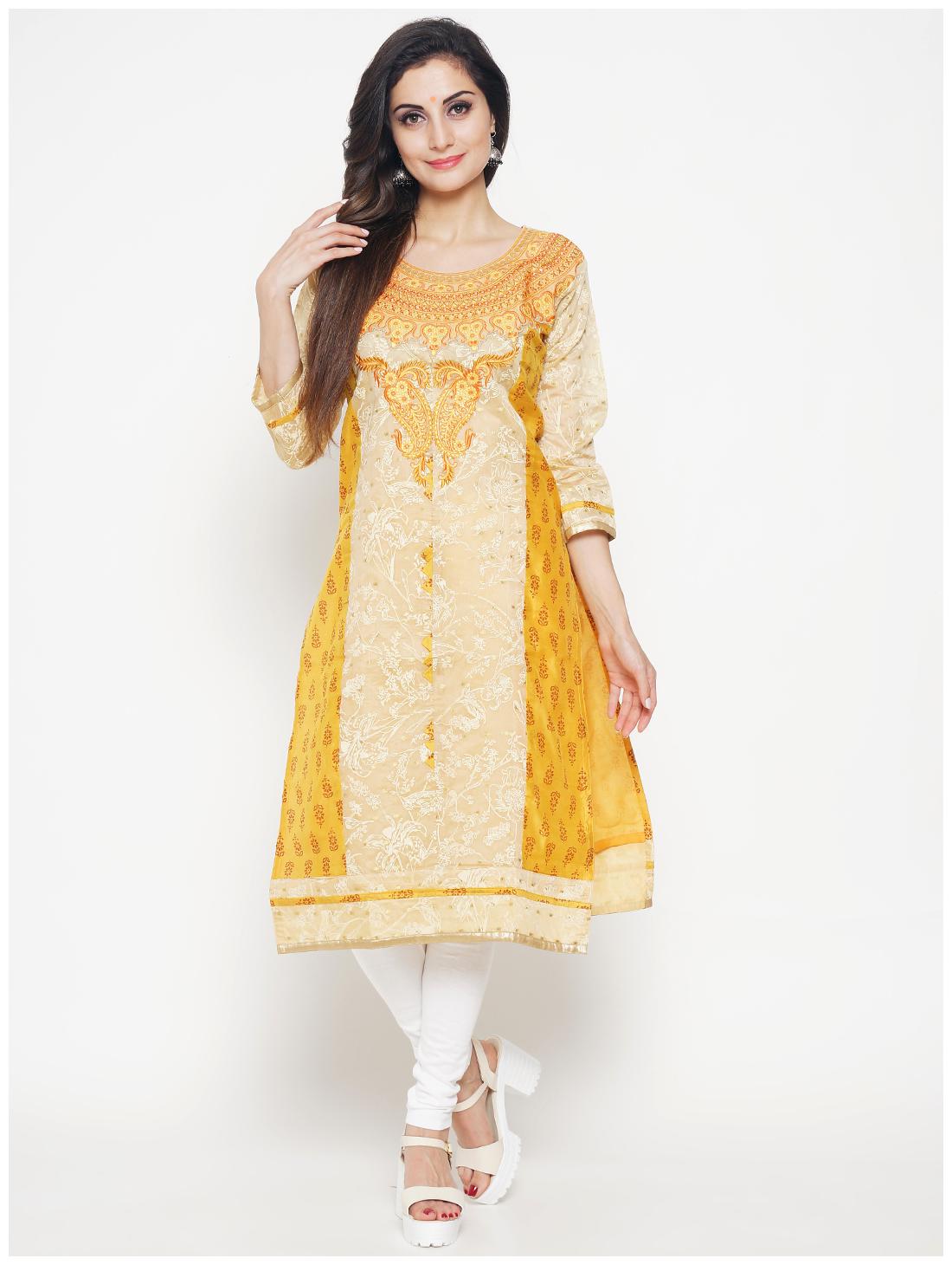 

Hakashi Women Yellow Embroidered Straight Kurti