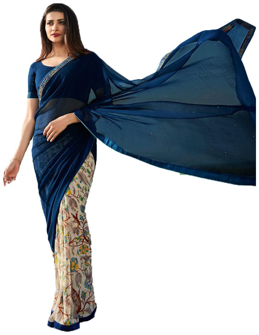 

Half half Indian Ethnic Party wear Office wear Festival wear saree Indigo style saree with Colorful Lace Border Designer Saree with Blouse